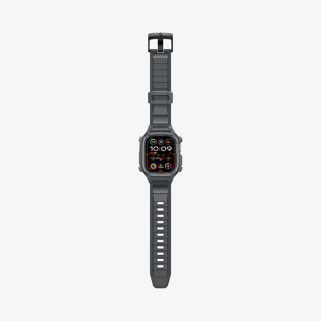 Szary Apple Watch. Szary pasek z czarną klamrą. Białe tło.