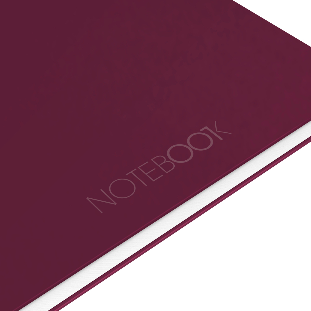 Zbliżenie bordowego notatnika z wytłoczonym słowem "NOTEBOOK" na okładce.