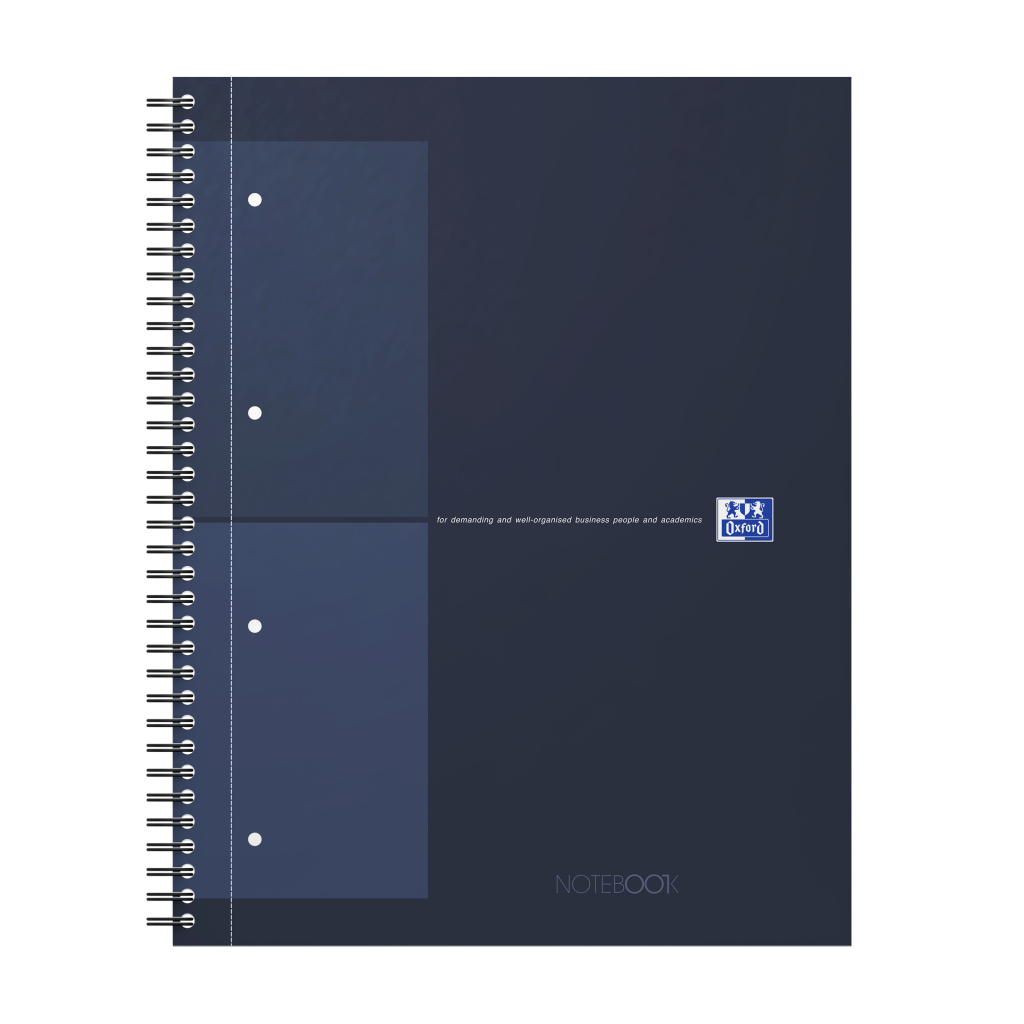 Notatnik w oprawie spiralnej, granatowa okładka z niebiesko-białymi detalami i niebieskim prostokątem.
