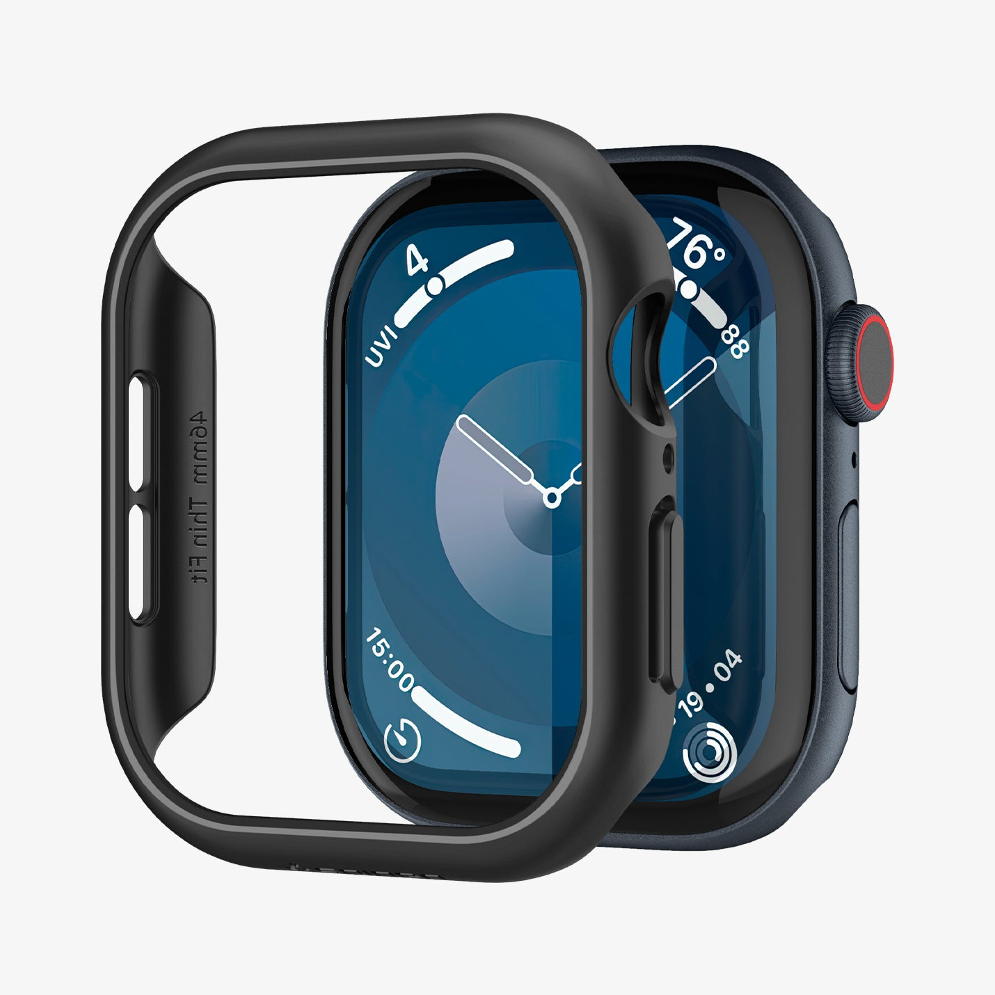 Czarny Apple Watch z czarną obudową, obudowa jest częściowo zdjęta, pokazując tarczę zegarka.