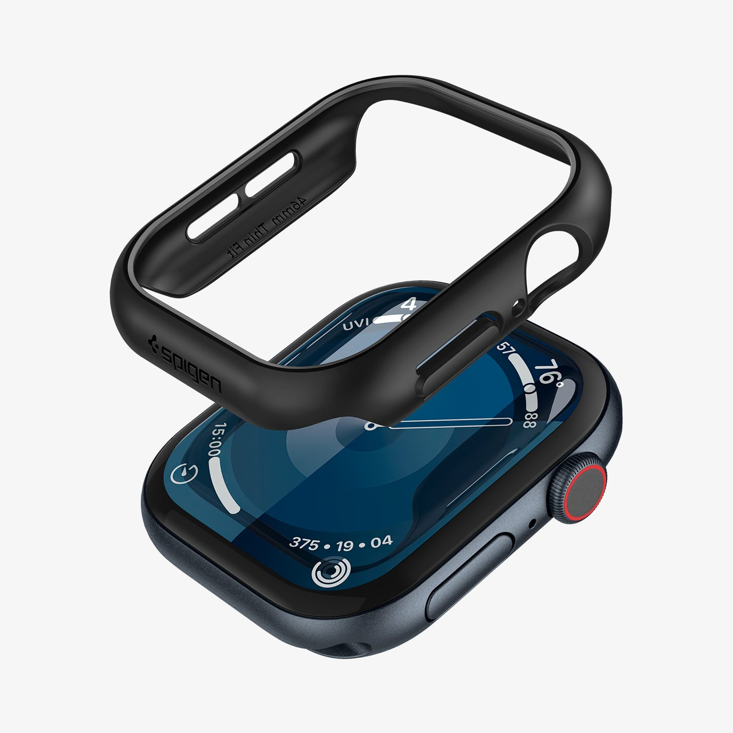 Czarny Apple Watch z czarną obudową, obudowa jest zdjęta, pokazując tarczę zegarka.