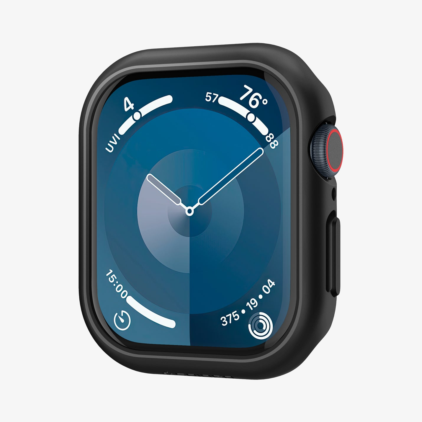 Czarny Apple Watch z czarną obudową, pokazujący godzinę i szczegóły aktywności na tarczy zegarka.