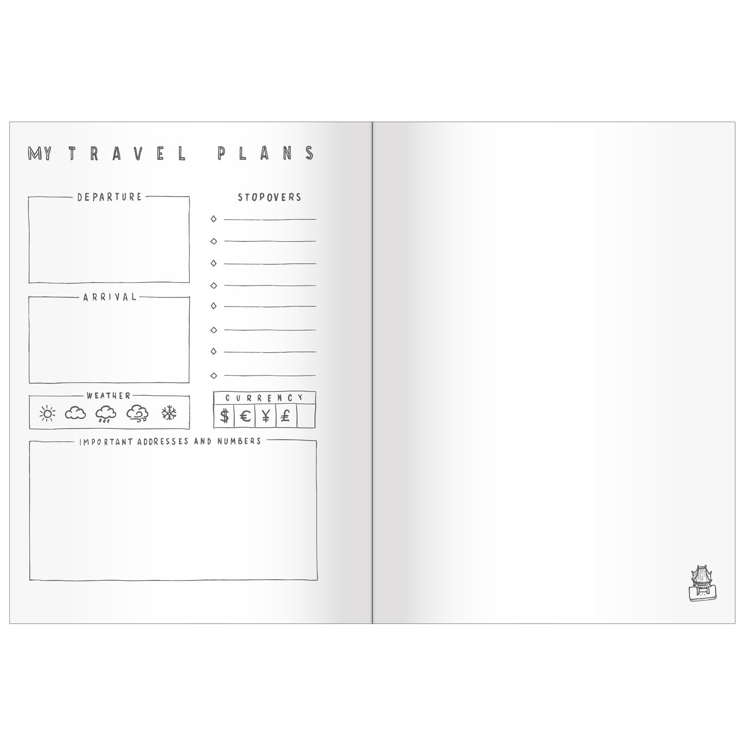 Offene Notizbuchseite mit Reiseplanungs-Layout und Platz für Abreise, Ankunft und Währung.