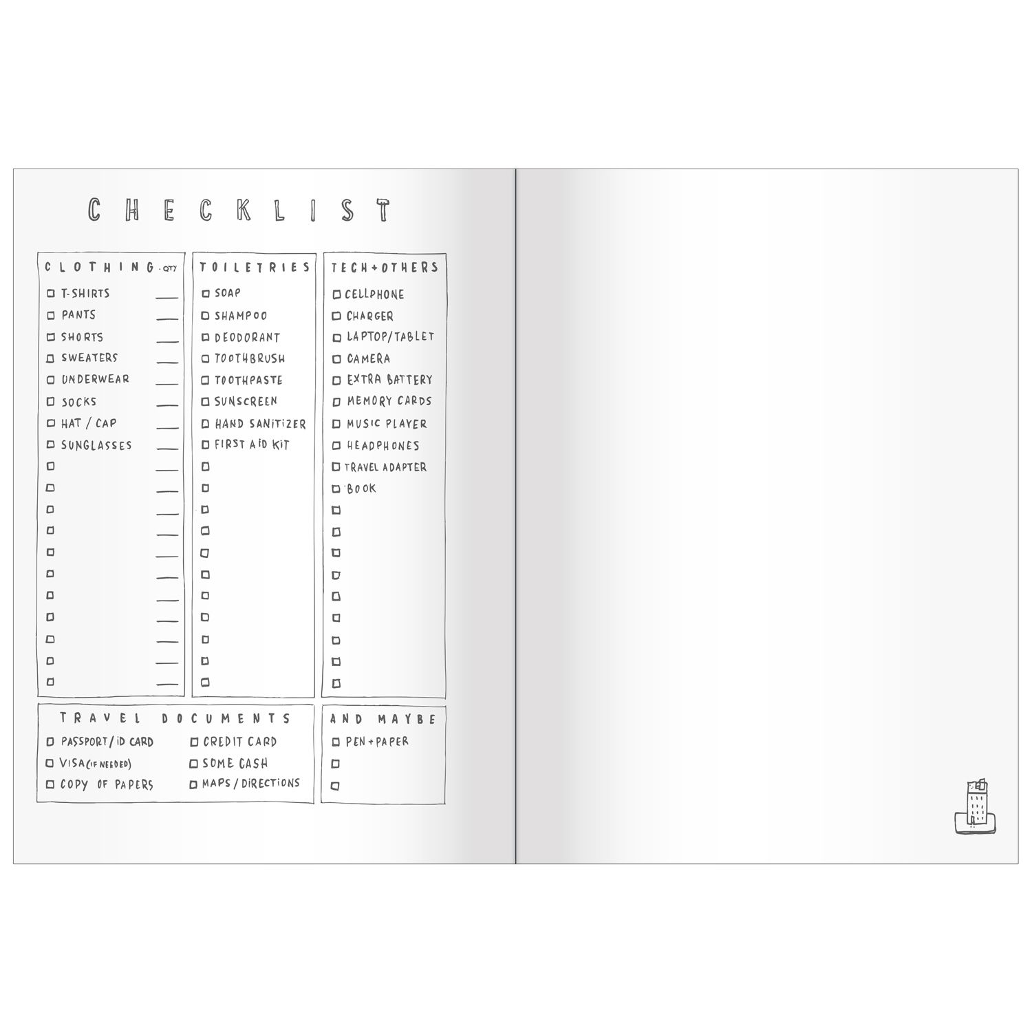 Eine Checkliste für Reisen, mit Überschriften für Kleidung, Toilettenartikel, Technik, Reisedokumente. Sie ist in einem Notizbuch.