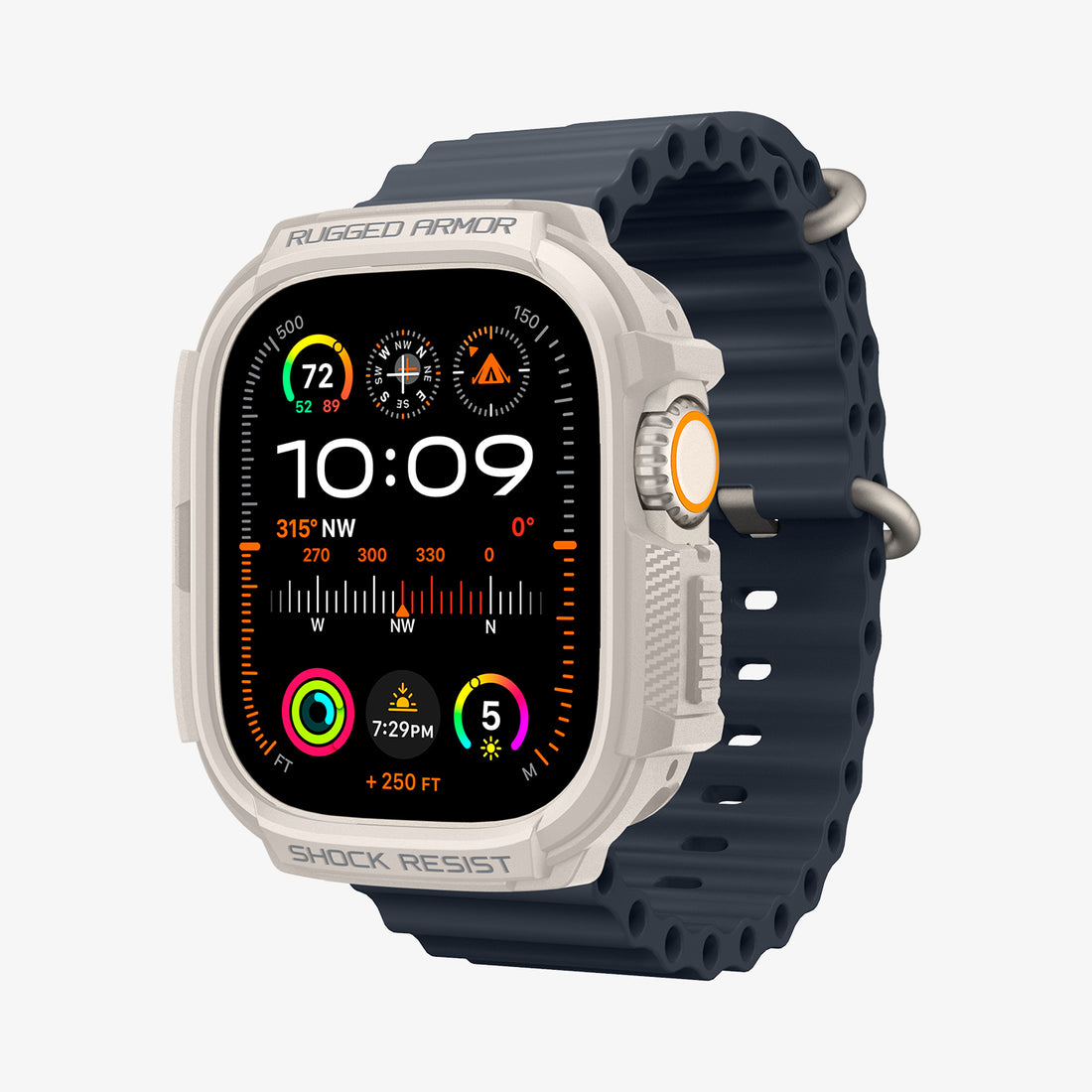 Apple Watch Ultra, biała obudowa, niebieski pasek. Wyświetla czas, kompas i dane.