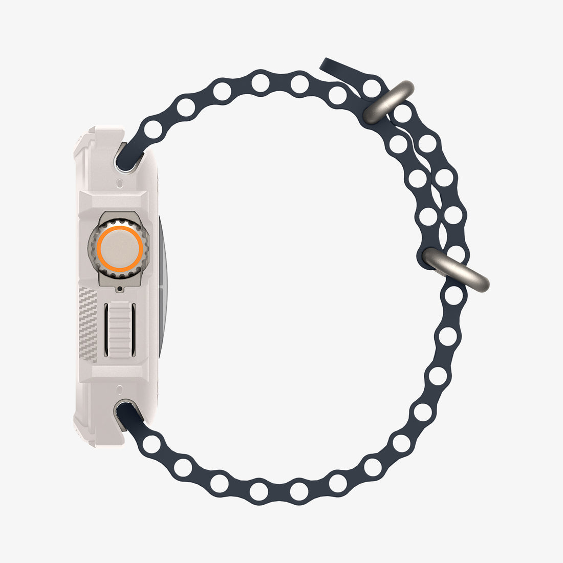 Biały i szary Apple Watch z niebieskim paskiem. Białe tło.