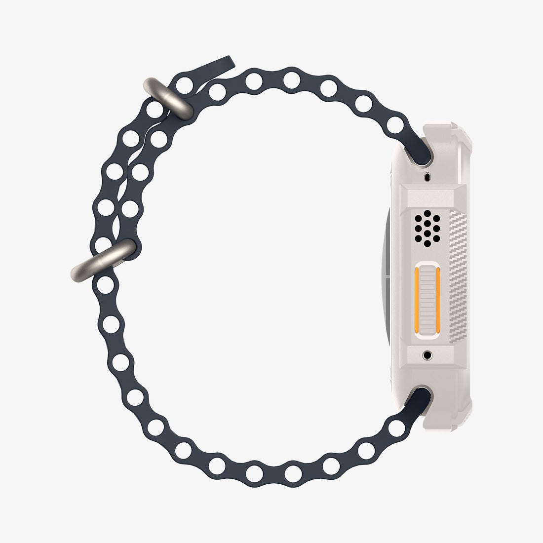 Apple Watch Ultra z profilu. Biała obudowa, niebieski pasek z łańcuchowym wzorem.