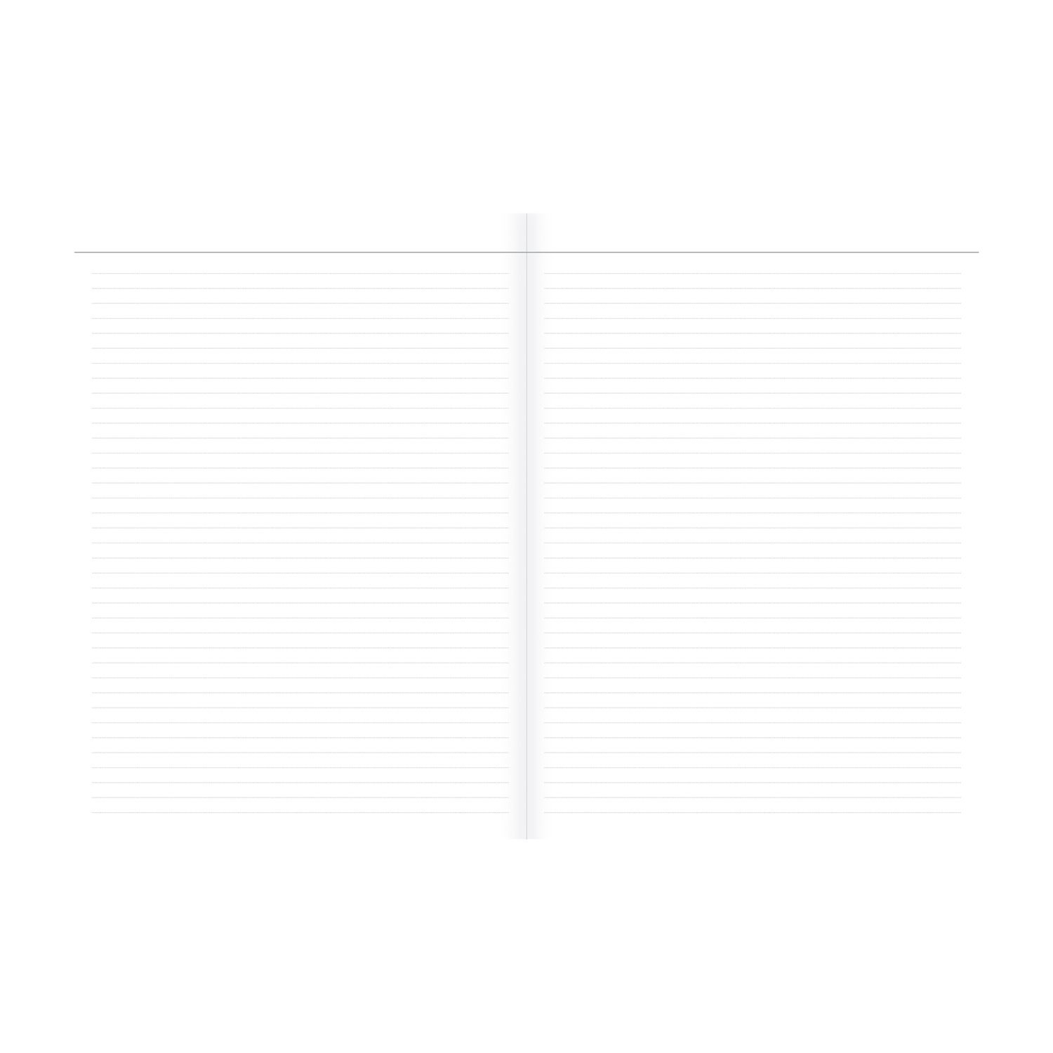 Offenes Notizbuch mit linierten Seiten. Weißer Hintergrund.
