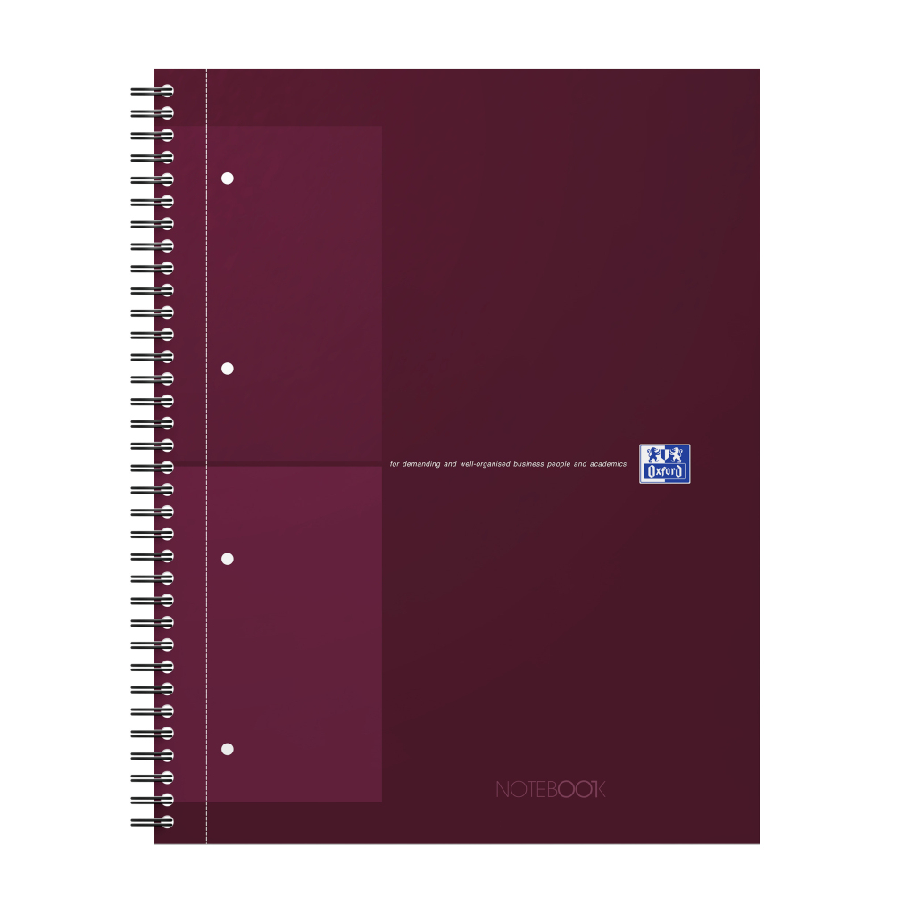 Bordowy notatnik z trzyotworowym segregator, spiralą i logo Oxford. Białe tło.
