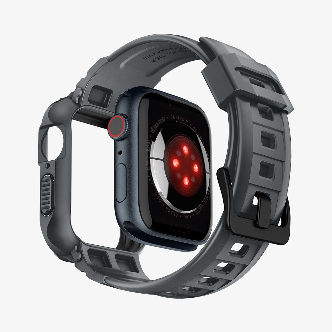 Szary Apple Watch w etui z czarnym ekranem z czerwonymi kropkami i szarym paskiem, na białym tle.