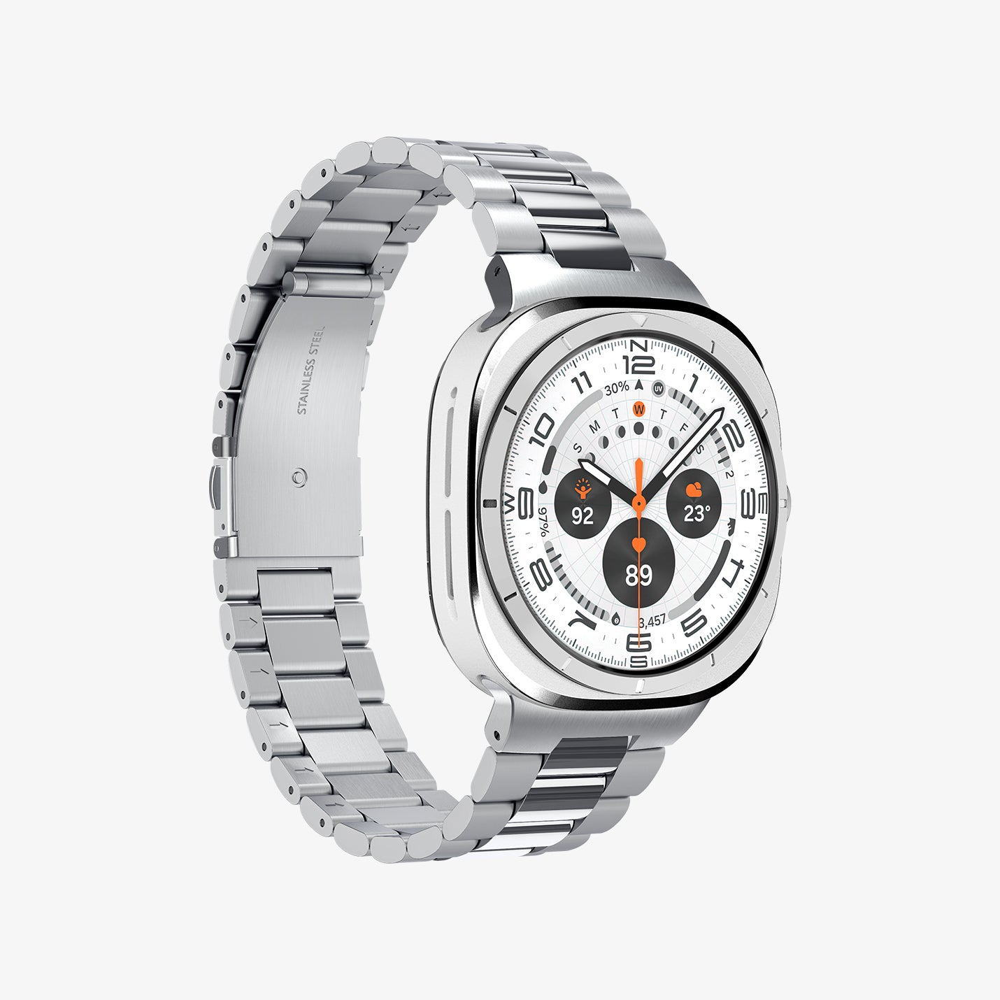 Uno smartwatch argentato con cinturino argentato, che mostra un display dell'orologio.