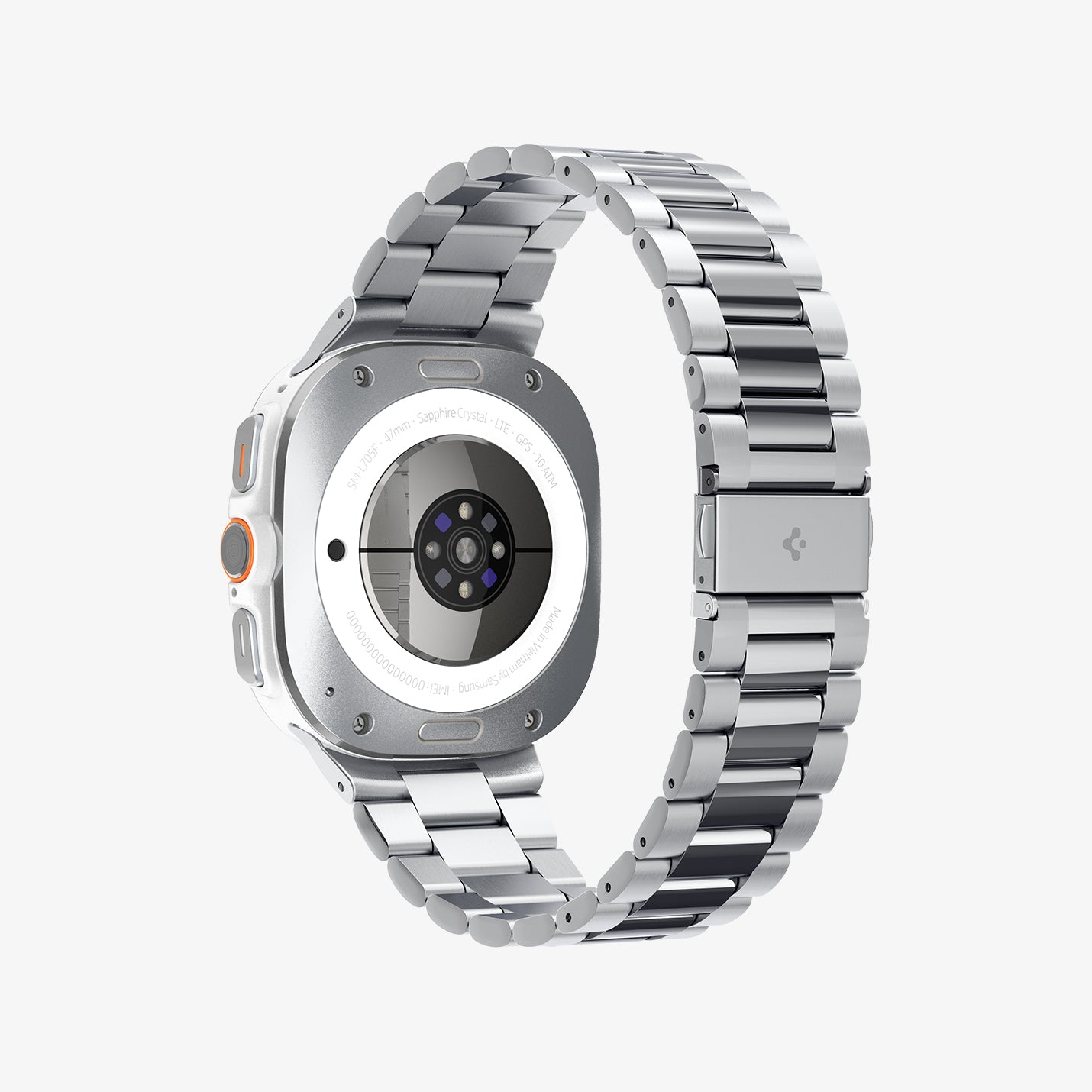 Vista posteriore di uno smartwatch argentato con cinturino in metallo, mostra il sensore di frequenza cardiaca e i dettagli sul retro.