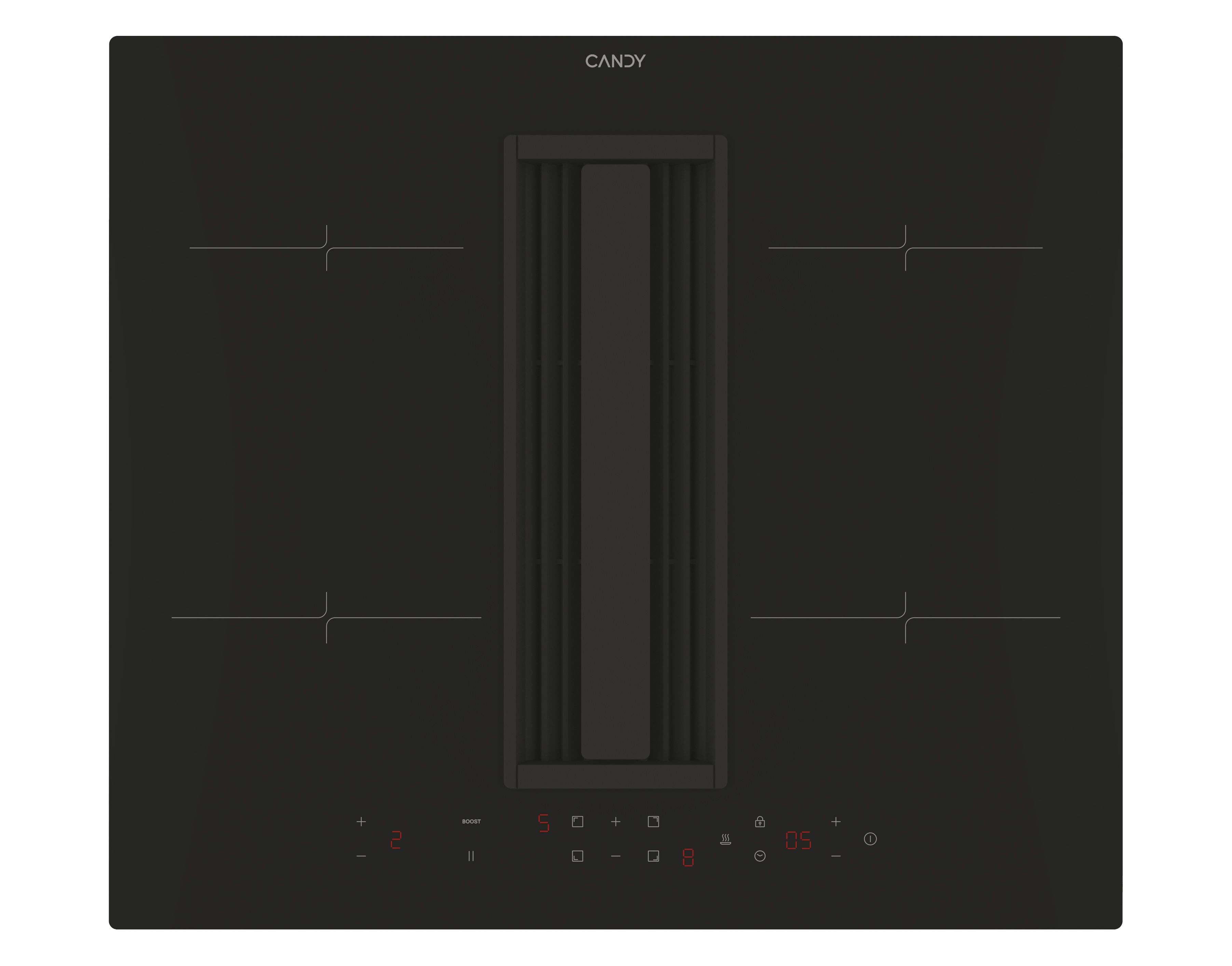 Piano cottura a induzione Candy nero con comandi touch. Il display mostra numeri e simboli.