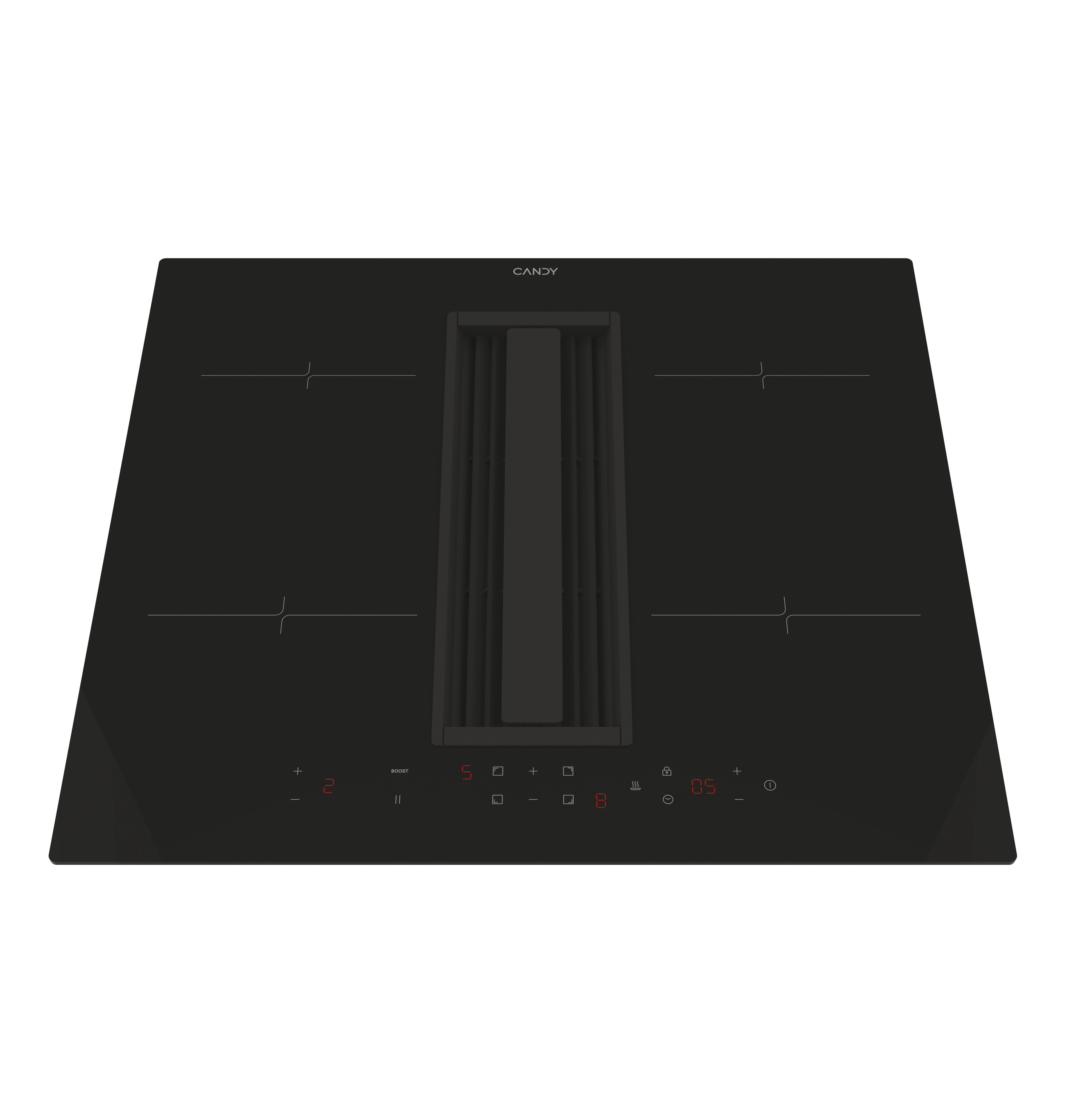 Piano cottura a induzione nero con ventilazione integrata. Il marchio CANDY è sul piano cottura.