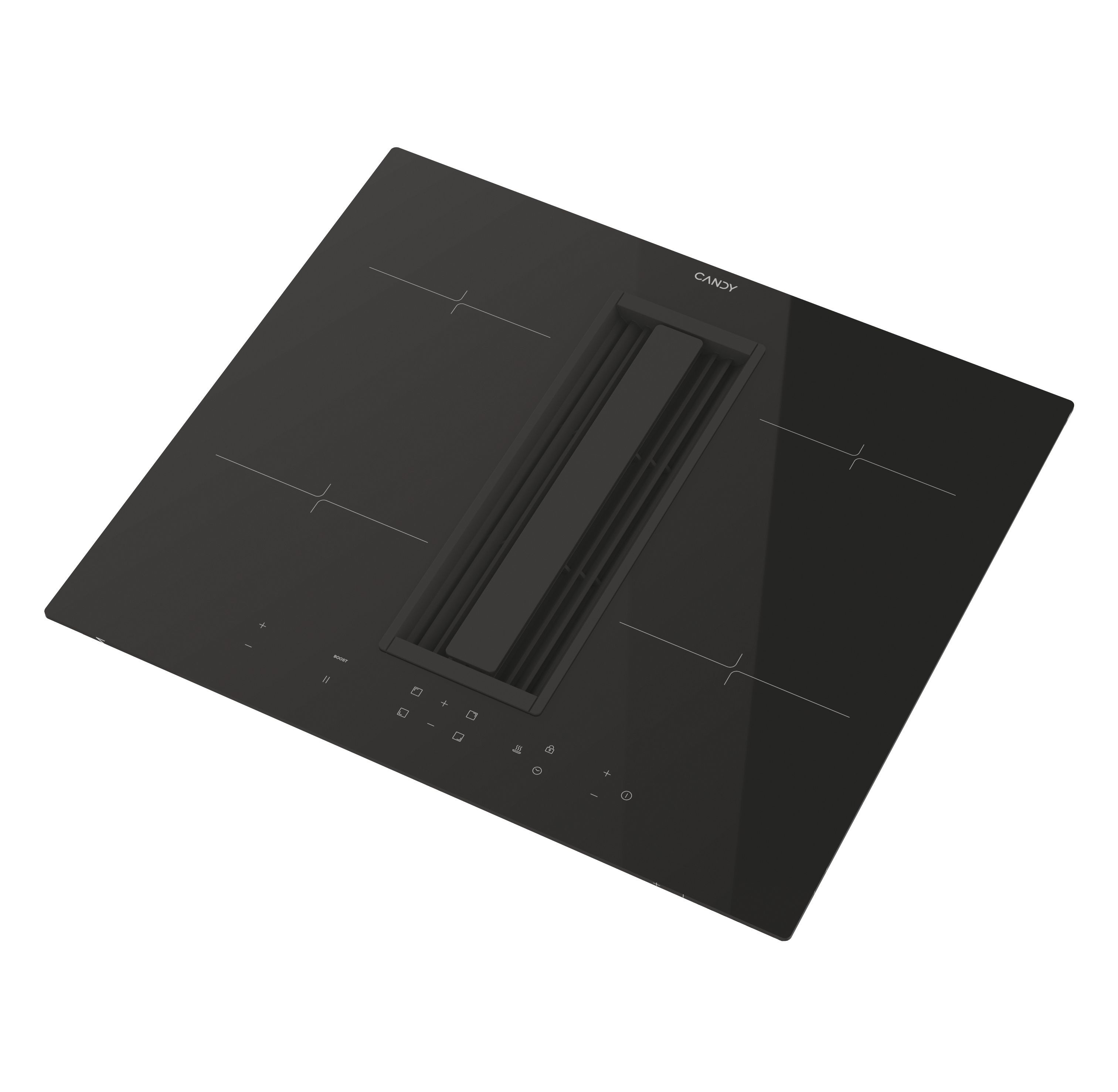 Piano cottura a induzione nero con aspiratore integrato e comandi touch, vista angolata.