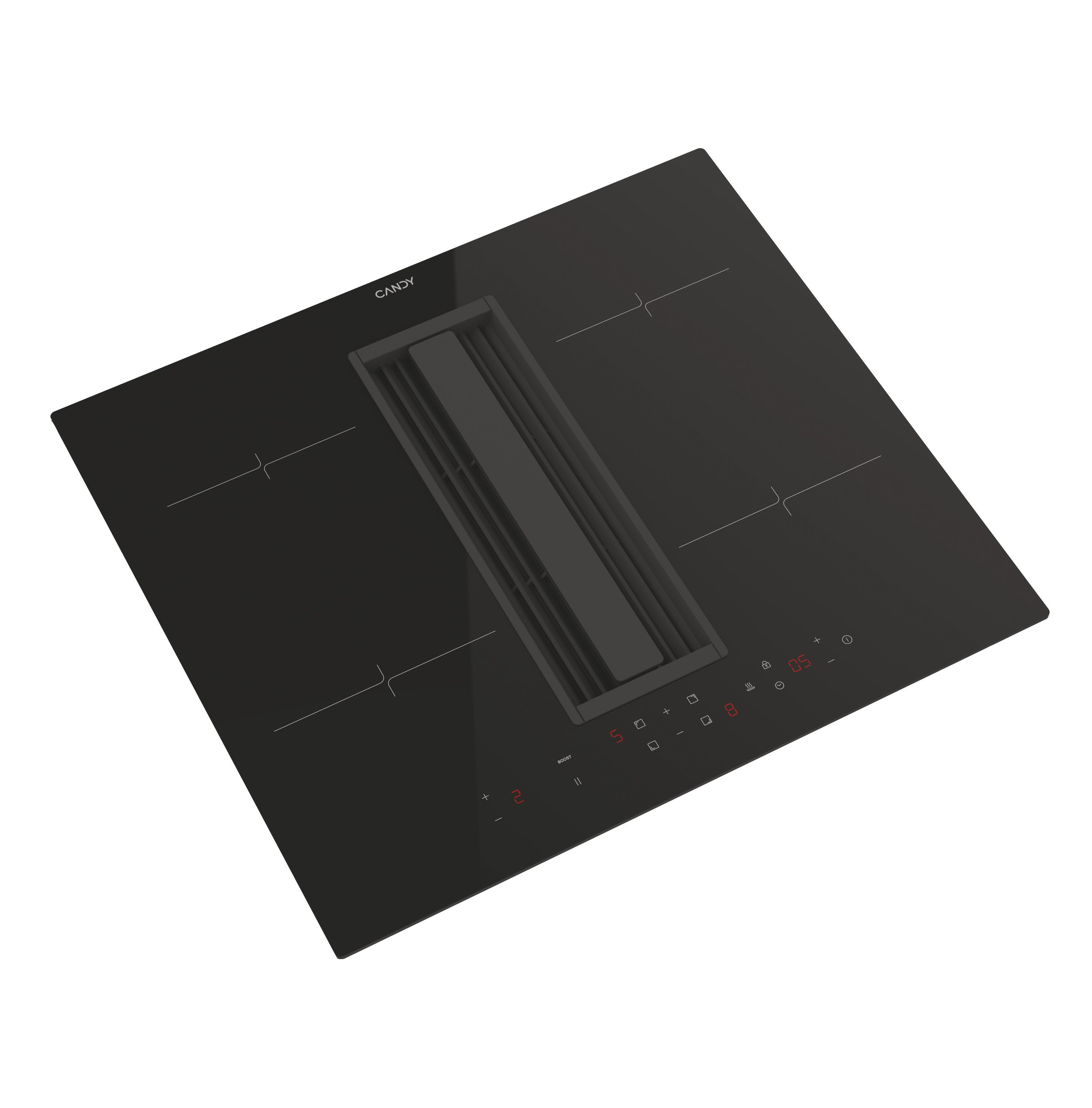 Piano cottura a induzione nero con ventilazione integrata. Il marchio CANDY è sul piano cottura.