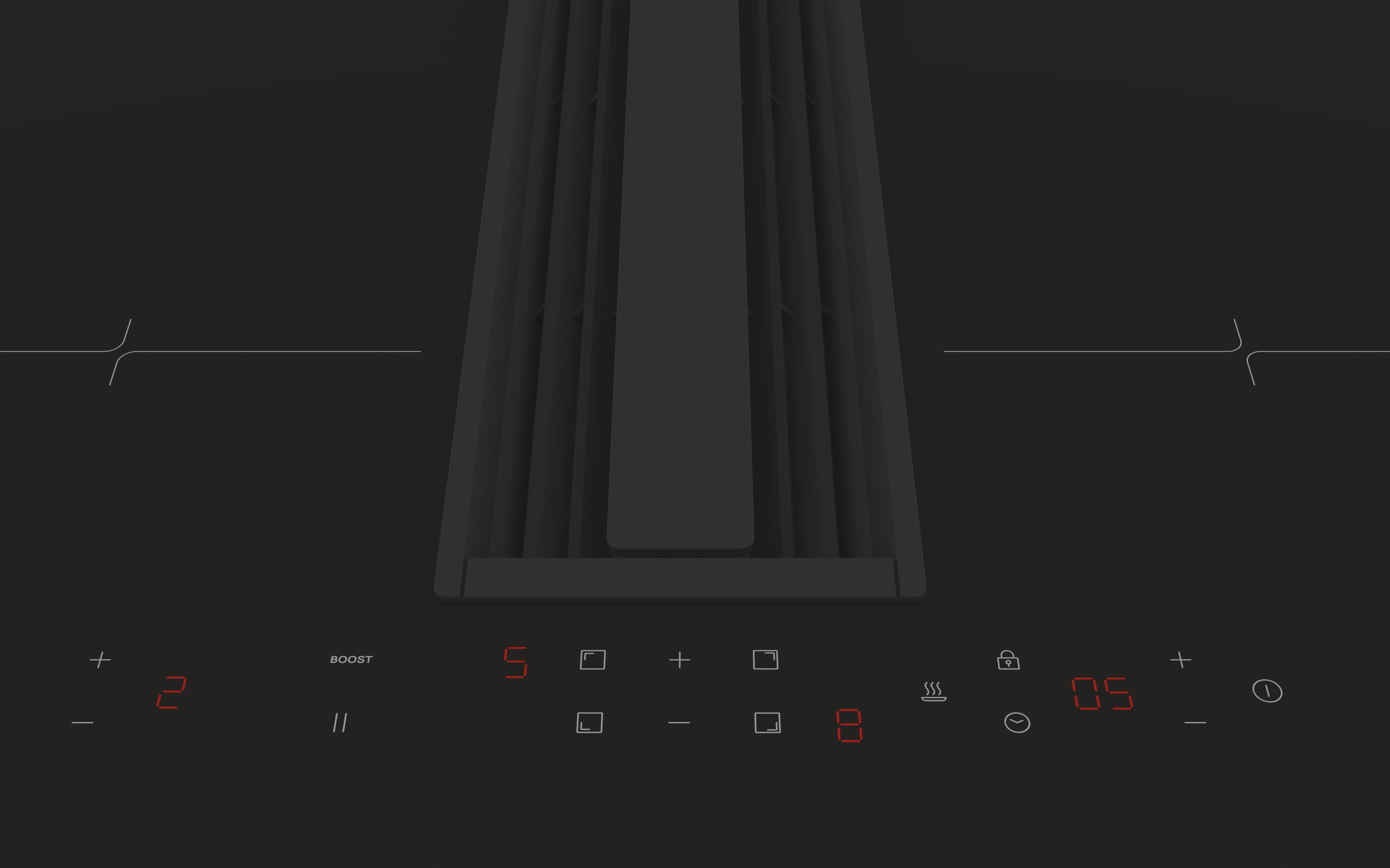 Primo piano di un piano cottura a induzione nero. Comandi e ventilazione visibili.