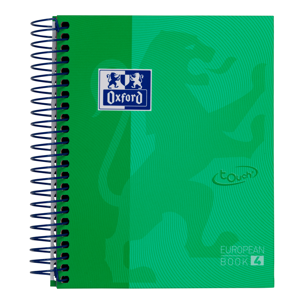 Zielony notatnik w spirali z logo Oxford i grafiką lwa, etykieta książki 4.
