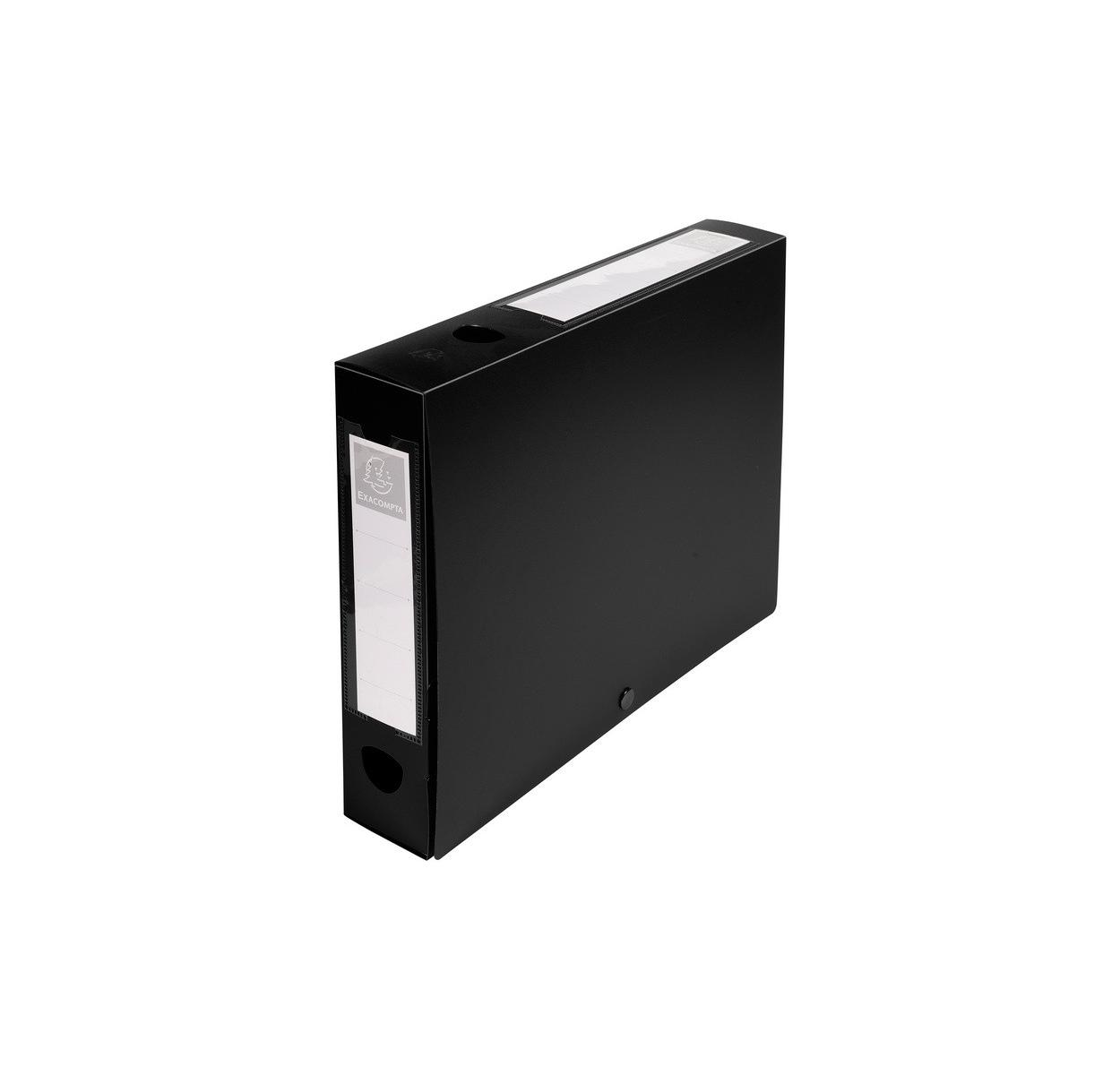 Czarny segregator z białą etykietą na grzbiecie i otworem.