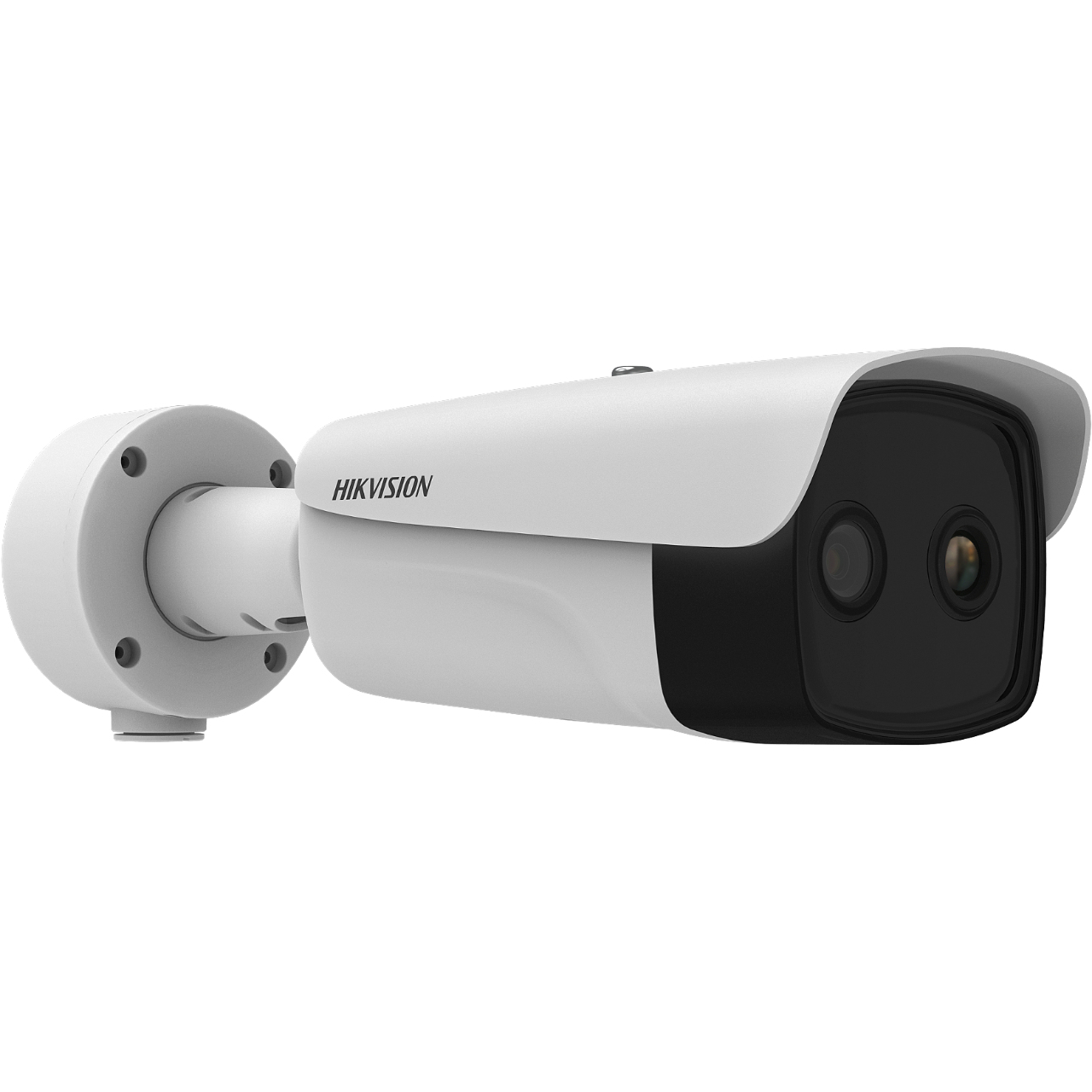 Eine weiße Hikvision Überwachungskamera mit schwarzem Objektiv, an der Wand montiert.