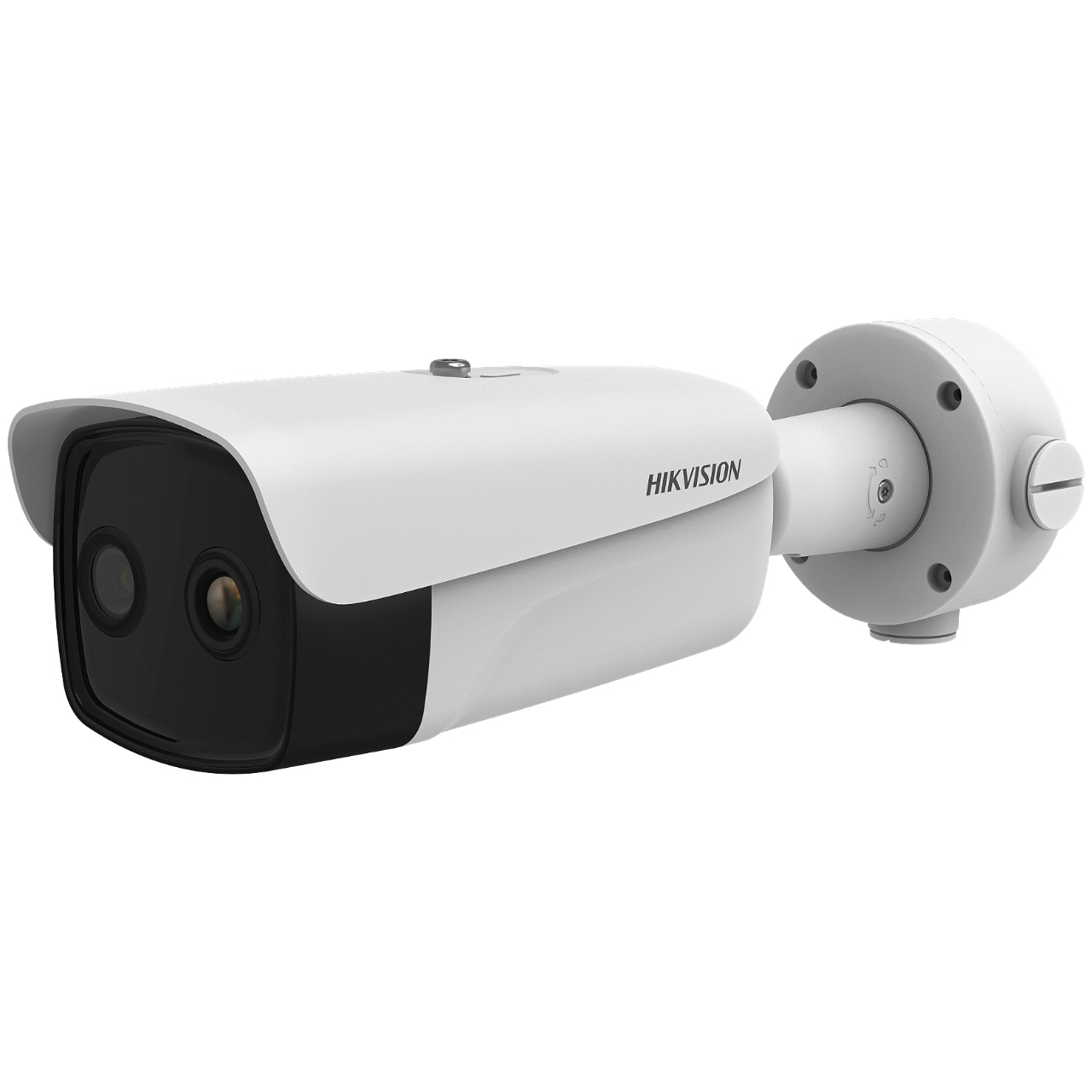 Eine weiße Hikvision Überwachungskamera mit schwarzem Objektiv, an der Wand montiert.