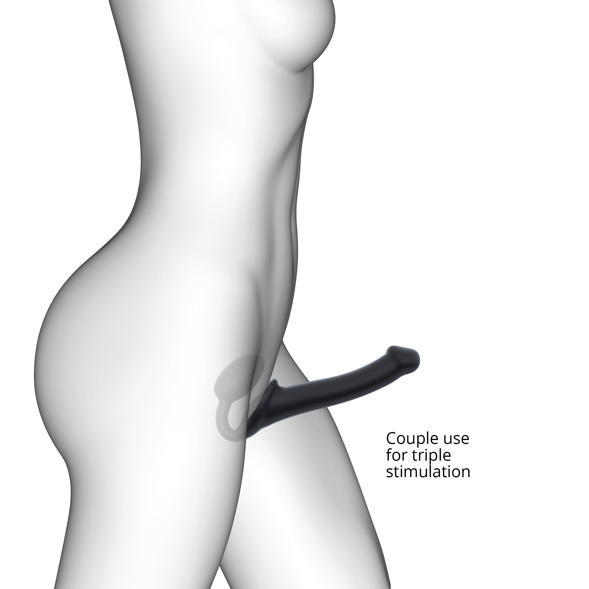 Czarny gadżet erotyczny jest wkładany do ciała kobiety, tekst mówi 'Użycie dla par dla potrójnej stymulacji'.