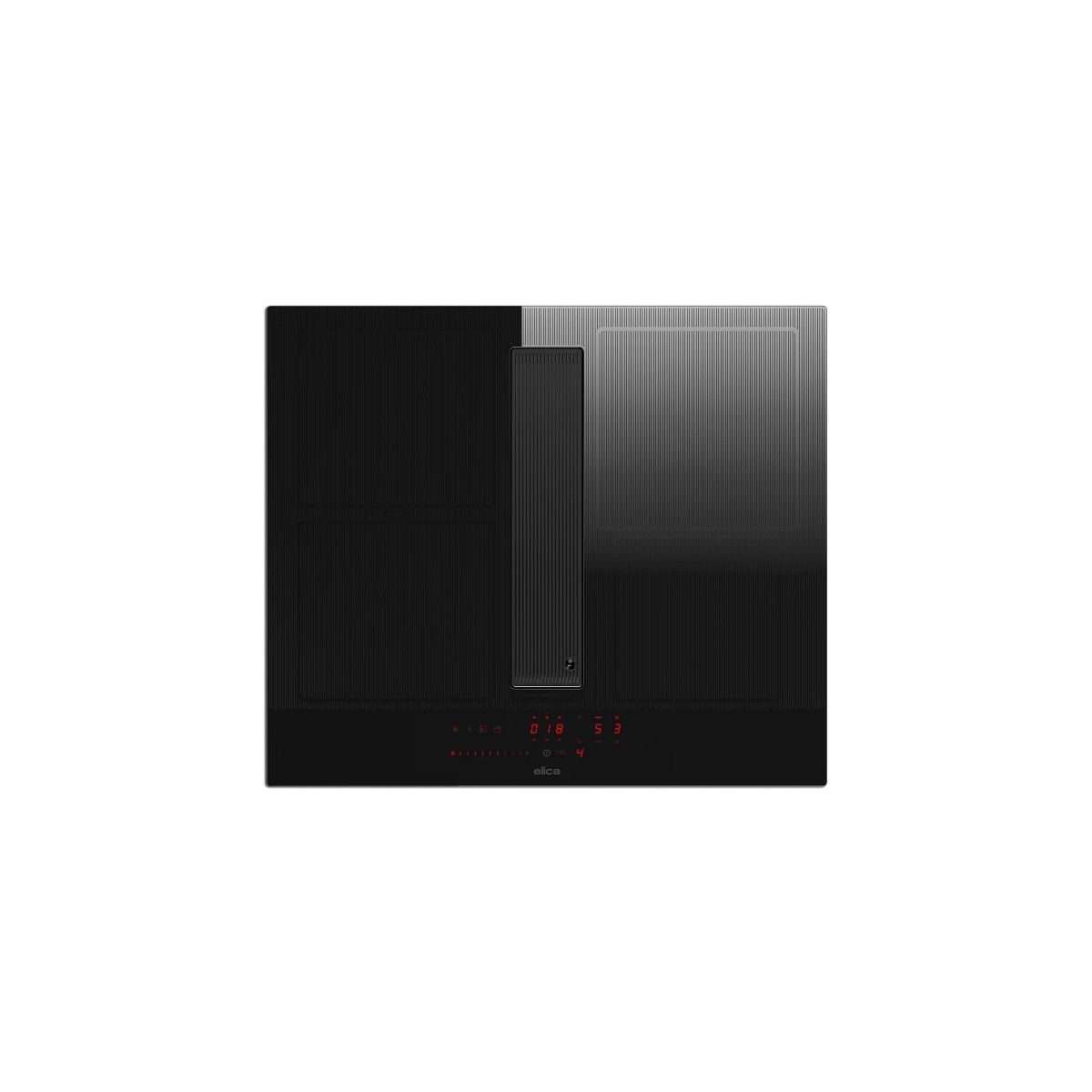 Piano cottura nero con ventilazione integrata e display rosso frontale.