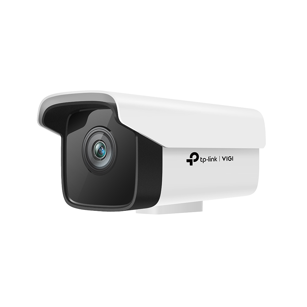 Siyah yüzlü beyaz bir güvenlik kamerası. Yan tarafta tp-link | VIGI logosu bulunur.