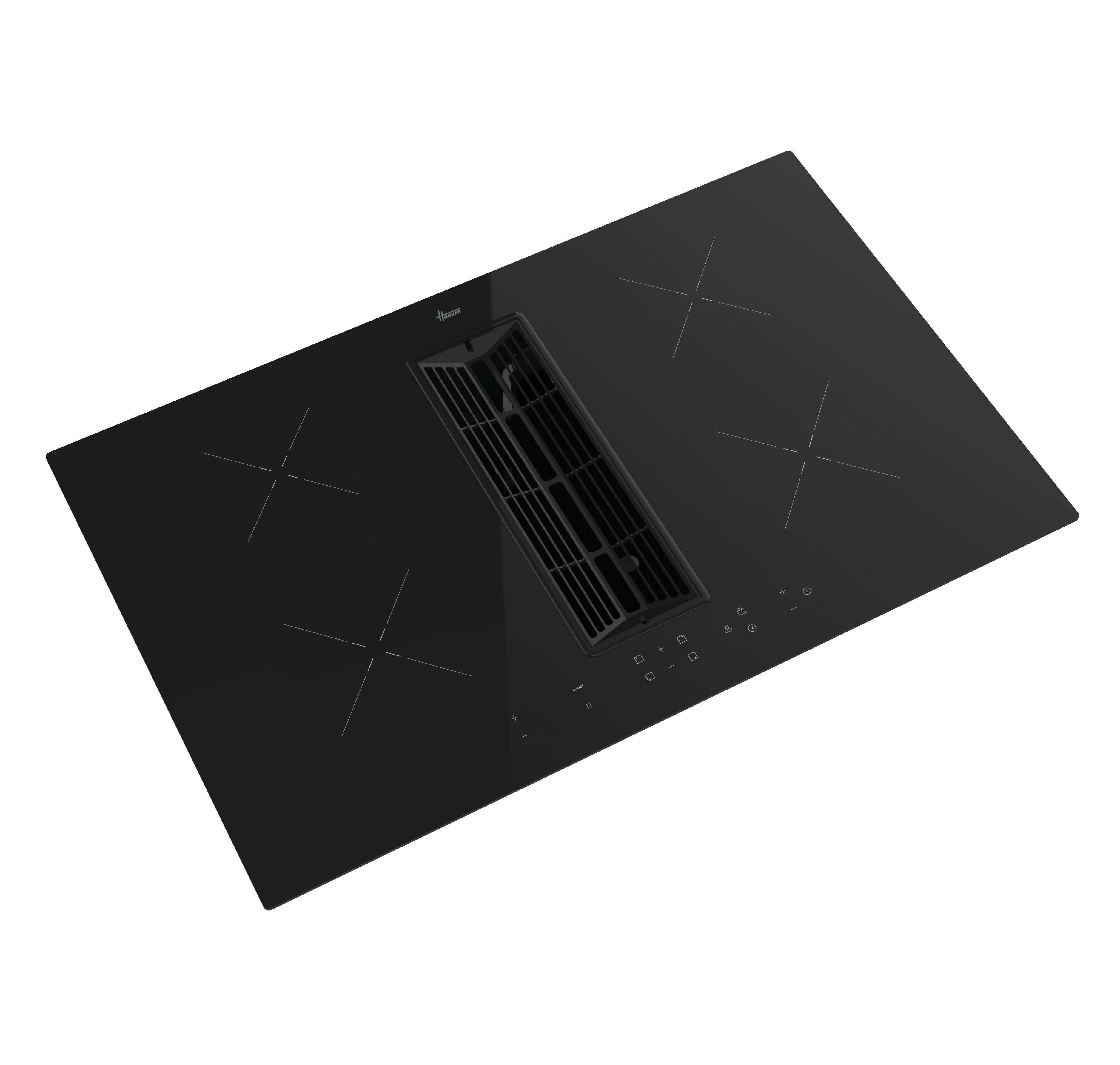 Placa negra con cuatro fuegos y extractor integrado. La placa está inclinada hacia arriba.