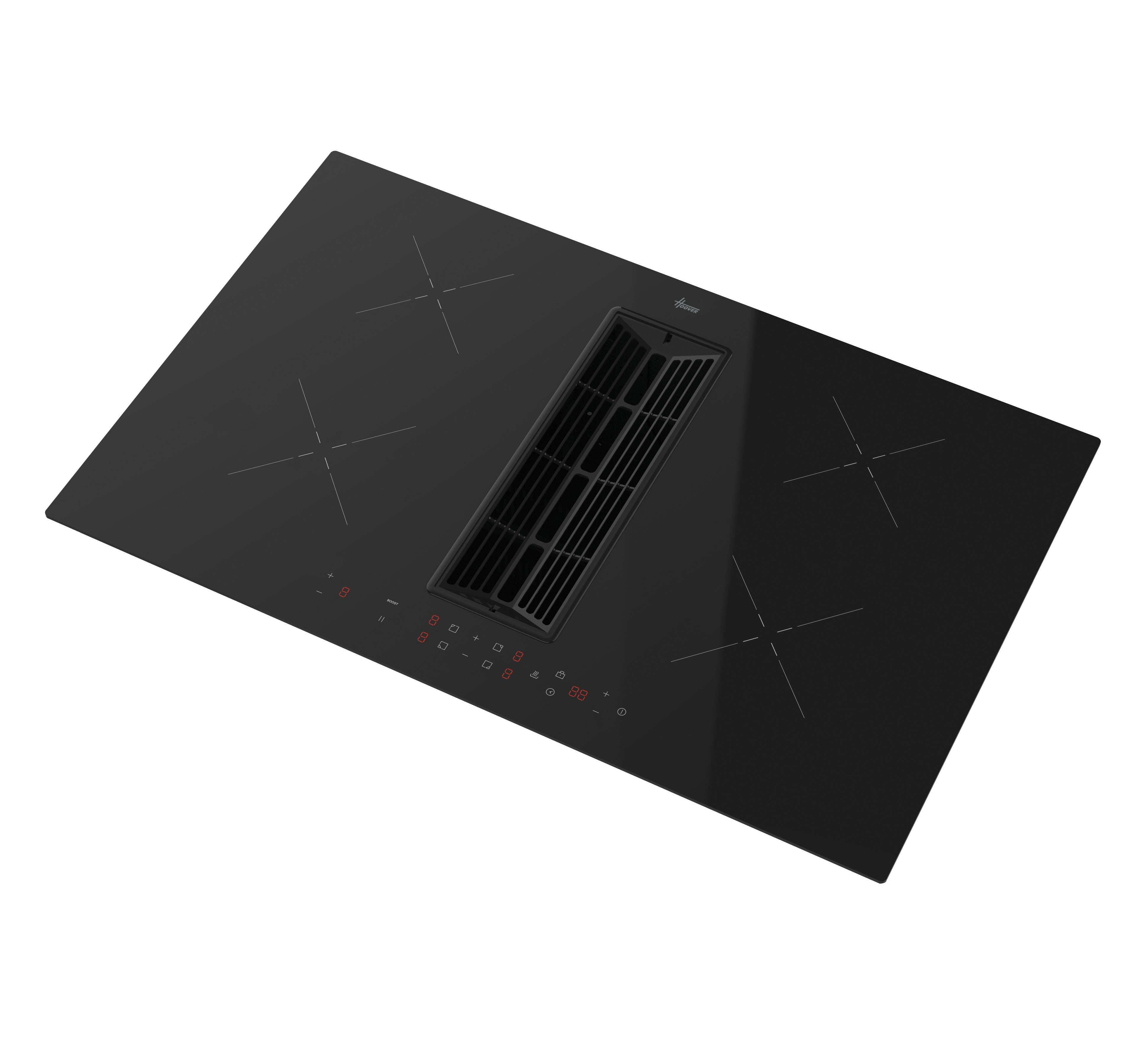 Placa de inducción negra con extractor integrado. Tiene cuatro zonas de cocción.