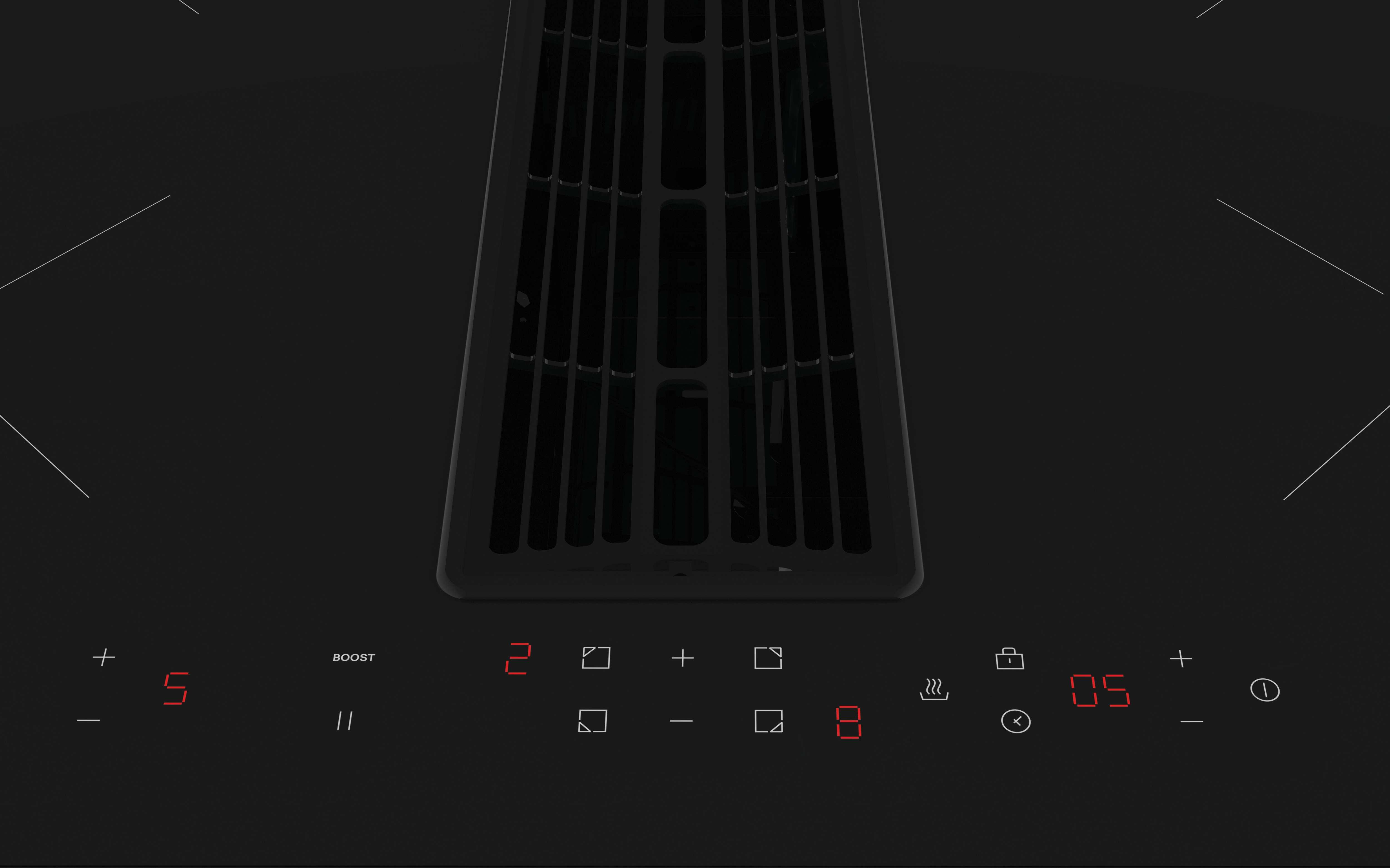 Primer plano de una placa negra con pantalla digital roja. Tiene símbolos y números.
