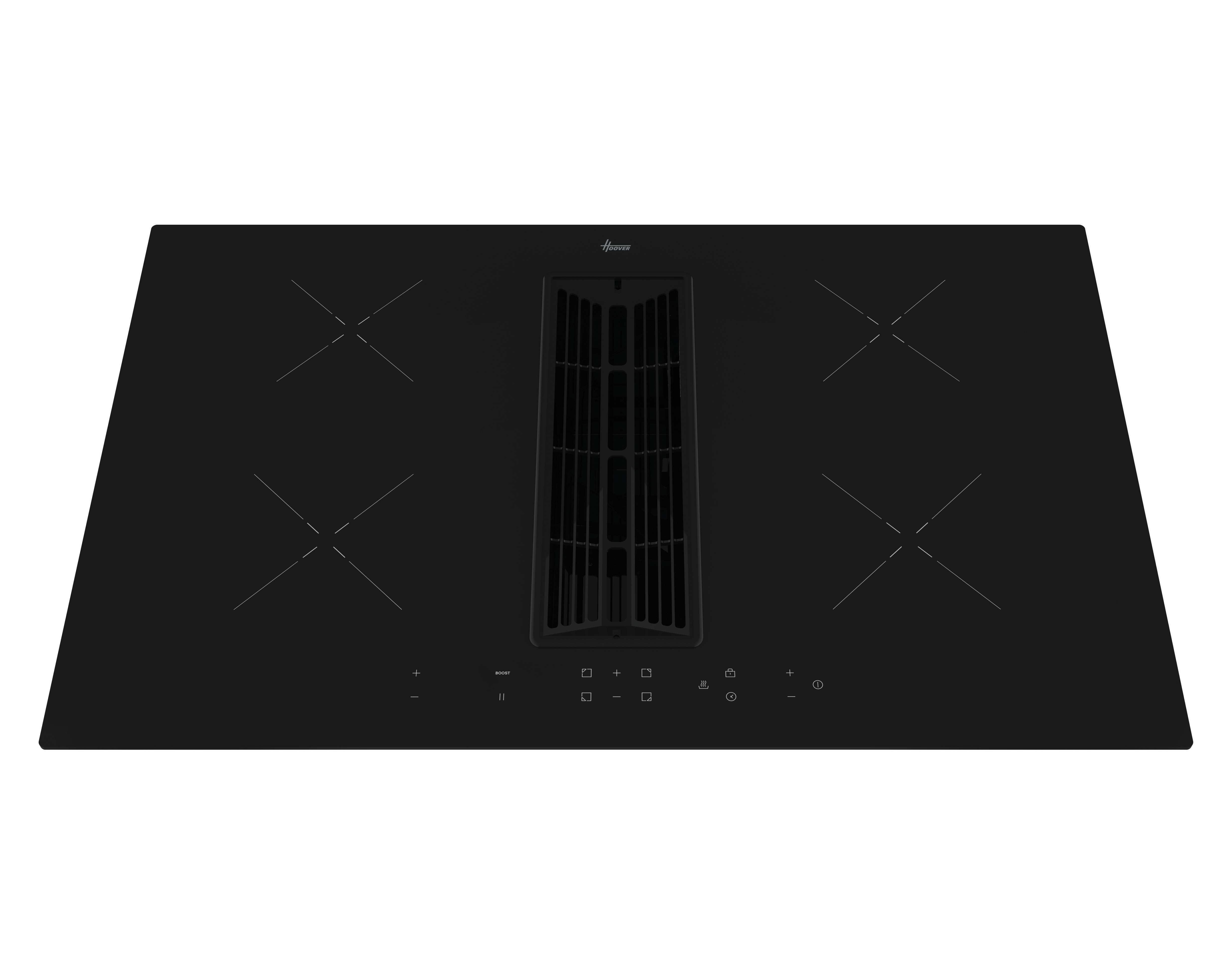 Encimera negra con cuatro quemadores y una ventilación integrada en el centro. Electrodoméstico de cocina moderno.