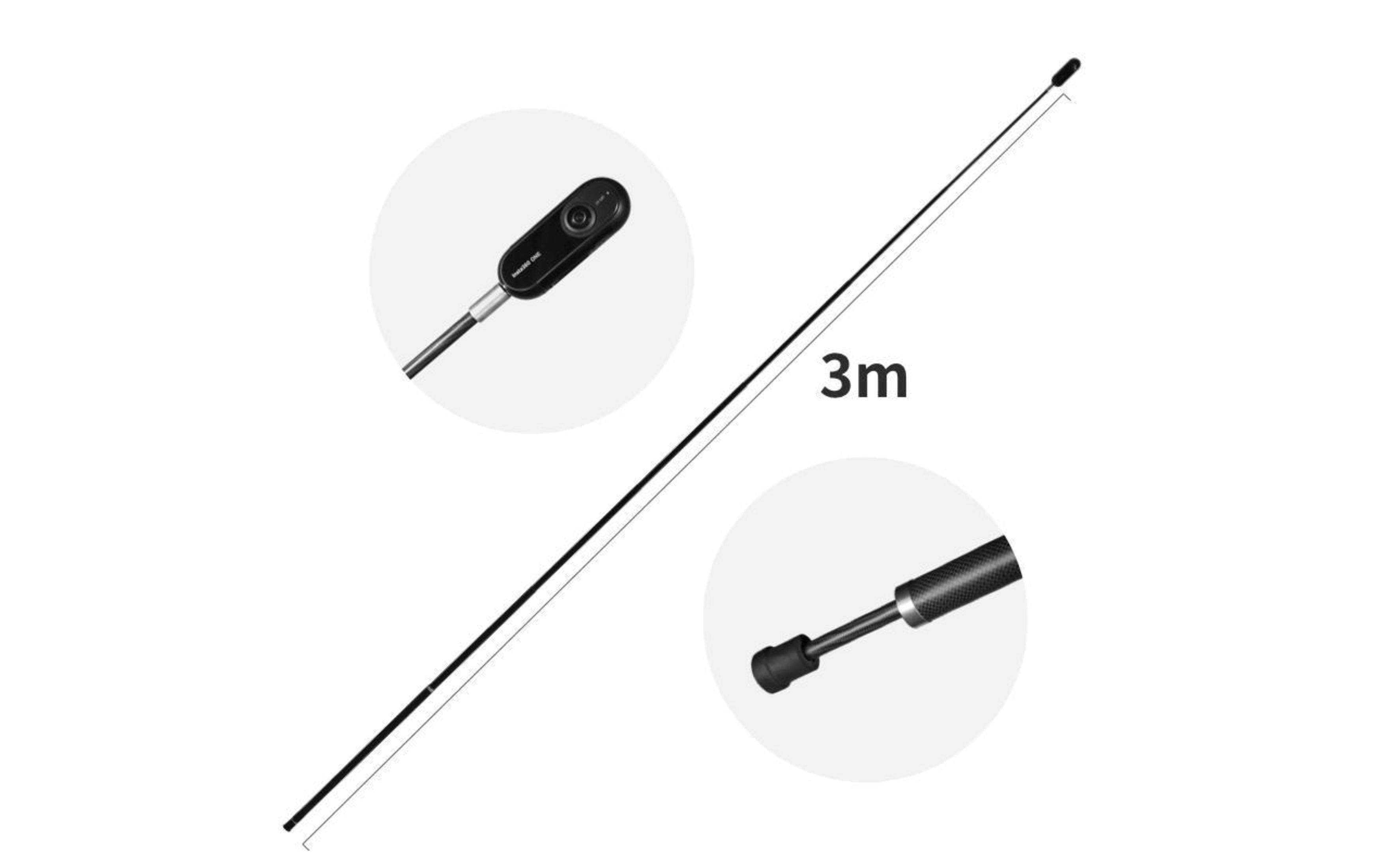 Czarny słup o długości 3 metrów z małym urządzeniem na jednym końcu. Urządzenie ma przyciski.