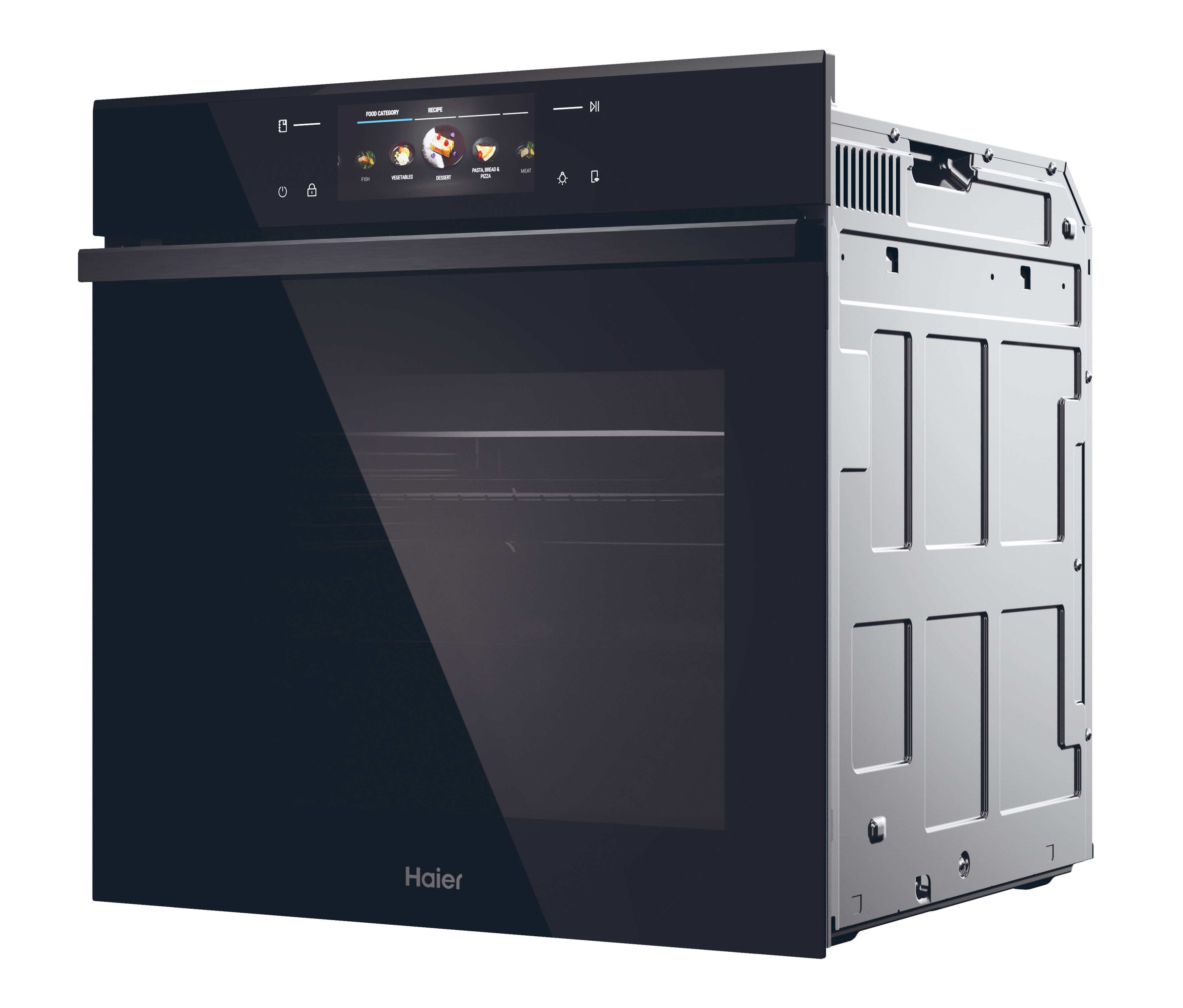 Forno nero con porta aperta. Sono visibili display touchscreen e pannello comandi. Logo Haier a sinistra.