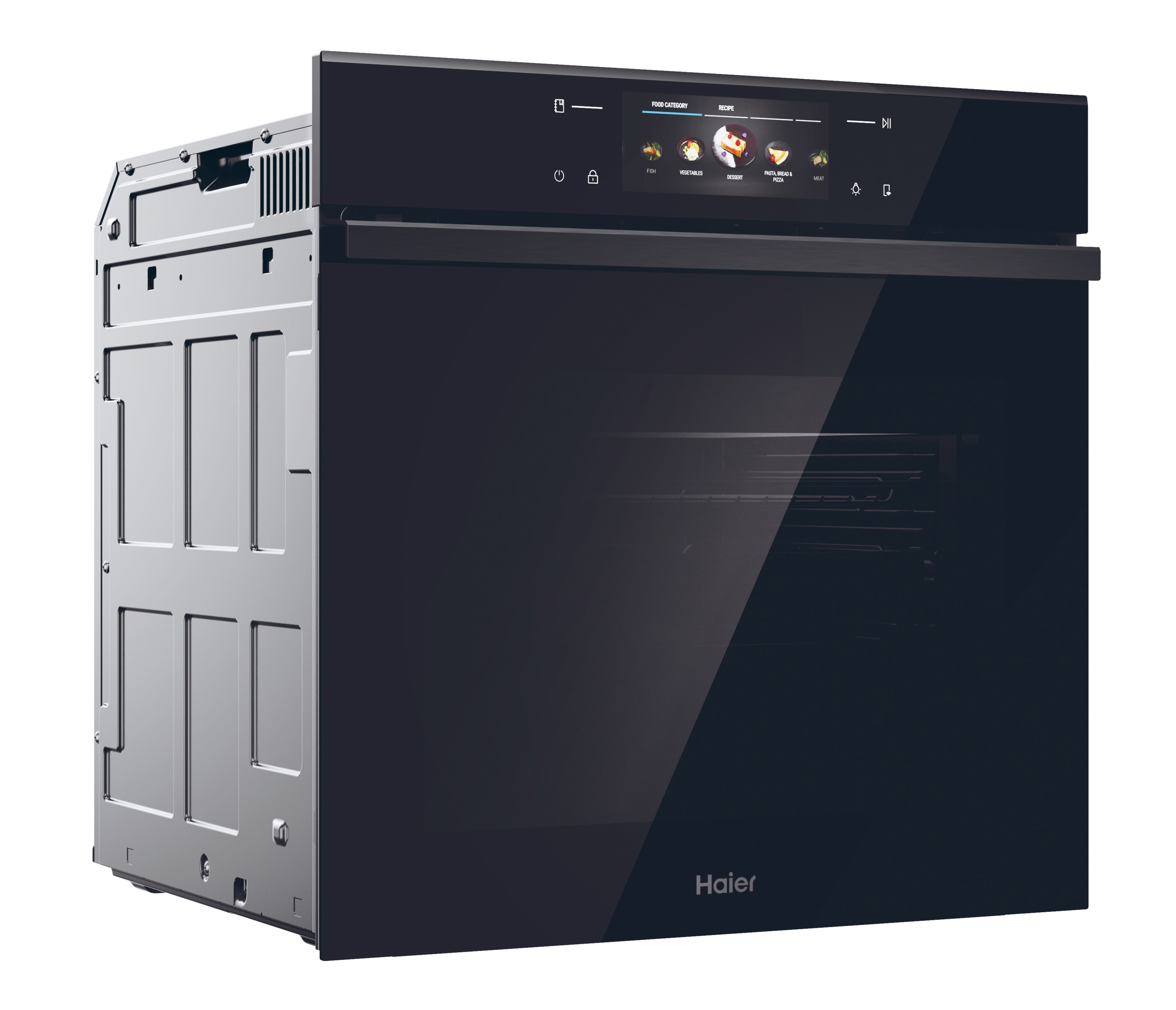 Forno Haier nero. Ha un display digitale, una porta in vetro e un retro in acciaio inossidabile.