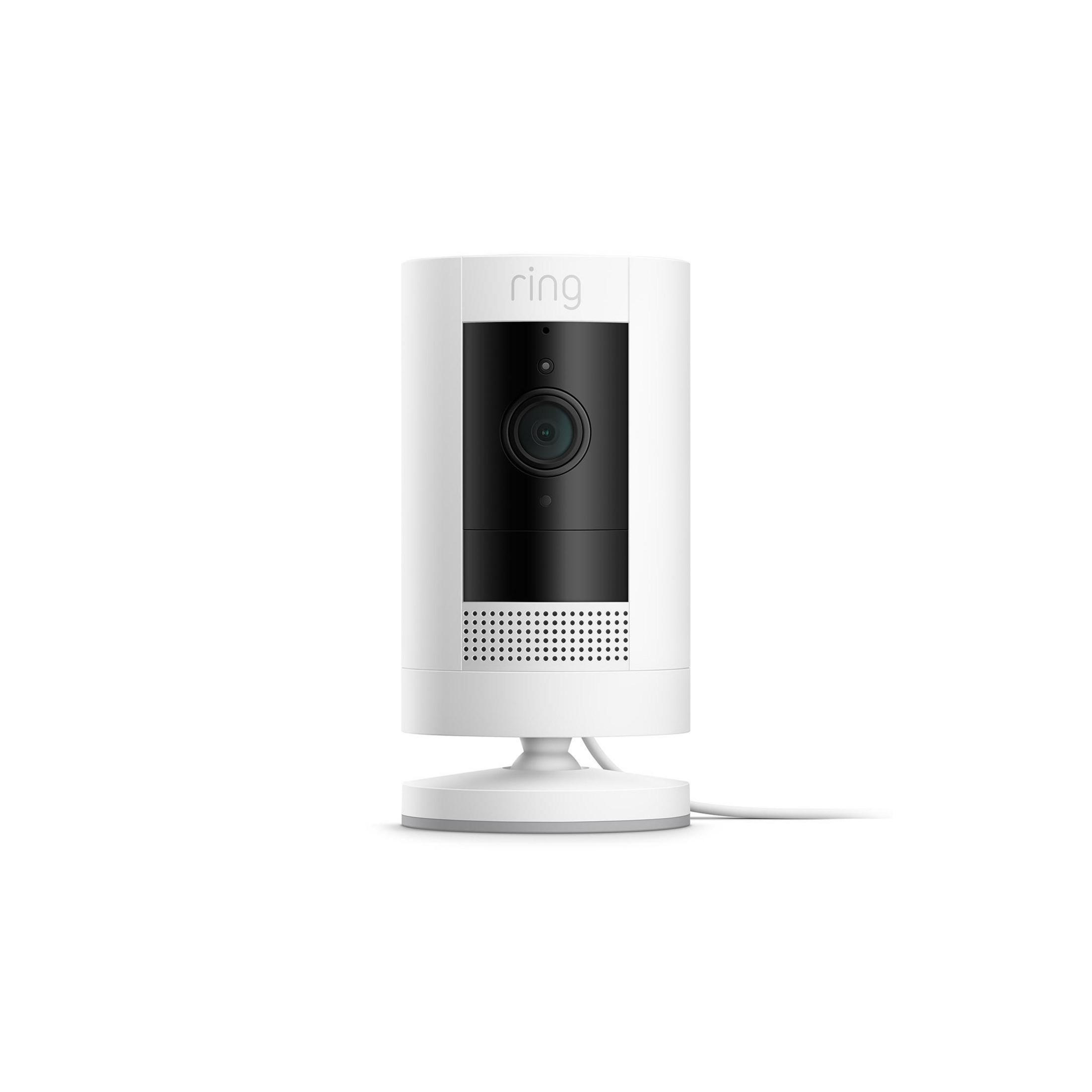 White Ring camera. It has a black lens and a circular blue light around the button.