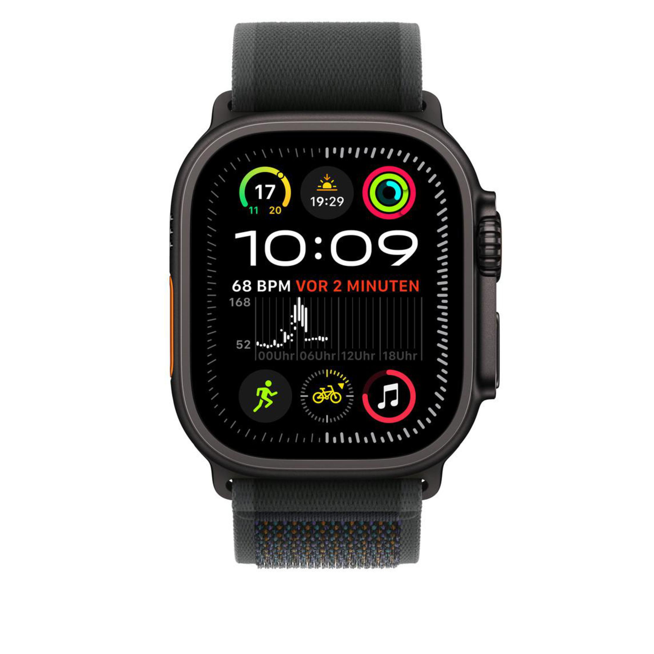 Czarny smartwatch z czarnym paskiem. Wyświetla godzinę i wskaźniki zdrowia na ekranie.