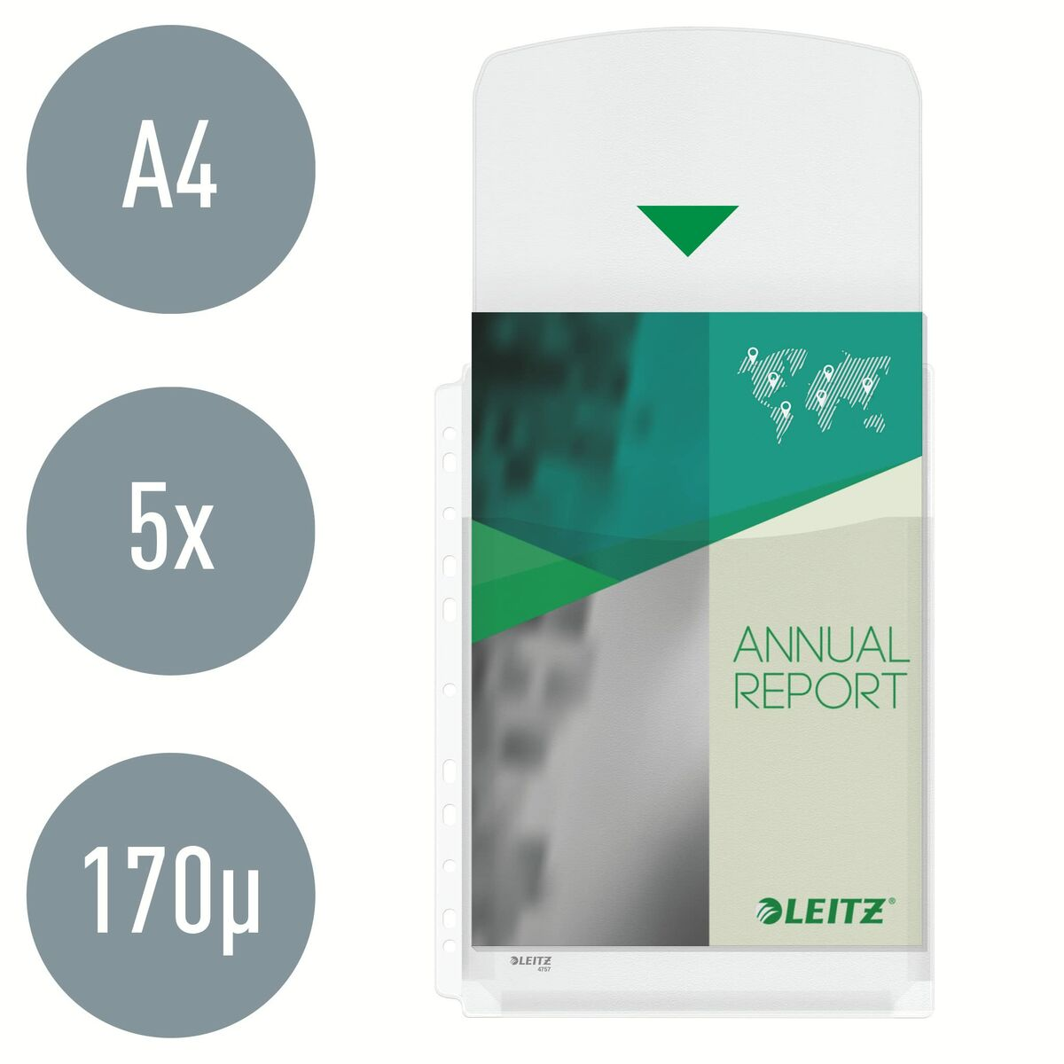 Uchwyt na dokumenty z etykietą A4, 5x i 170µ. Wewnątrz raport roczny.