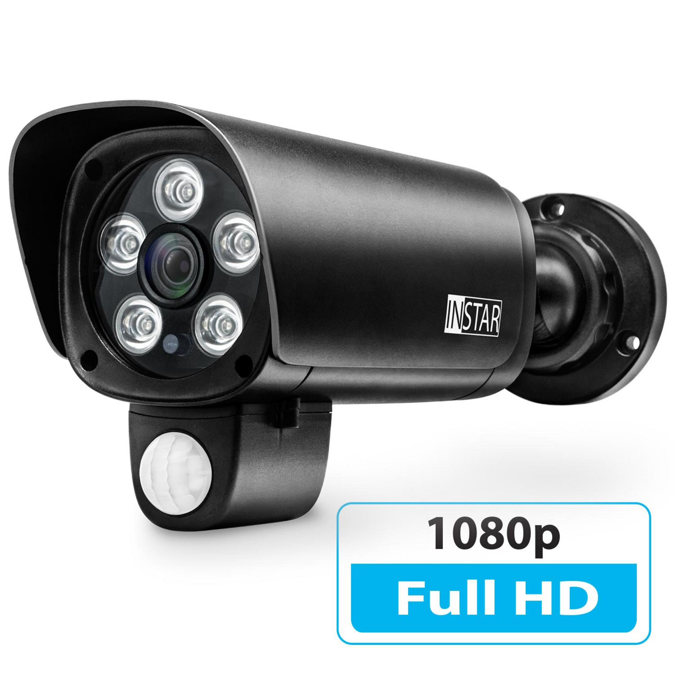 Eine schwarze 1080p Full HD Überwachungskamera mit Lichtern und Sensor, blaues Etikett.