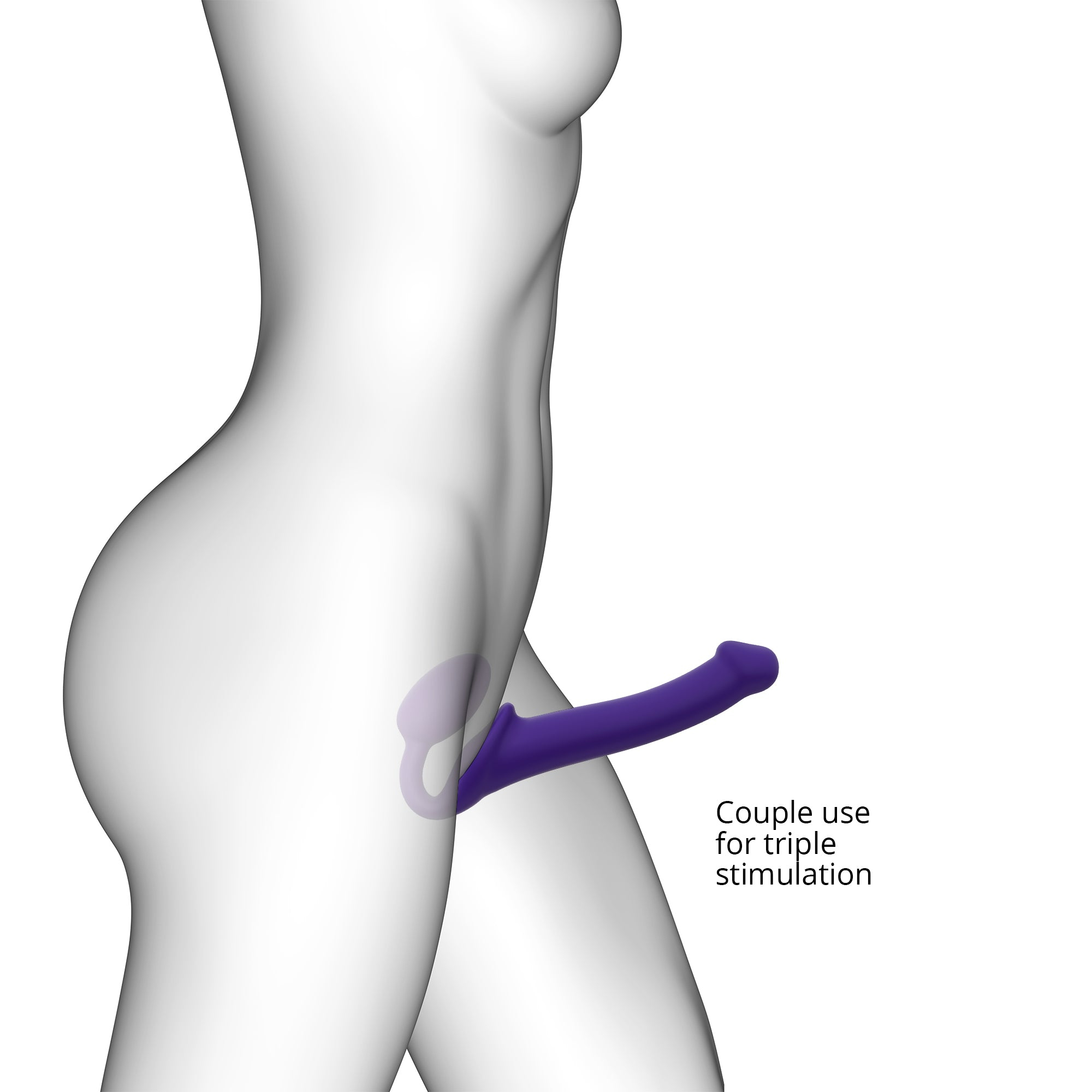 Fioletowa zabawka erotyczna w użyciu. Pokazuje zabawkę w pobliżu intymnych miejsc kobiety.