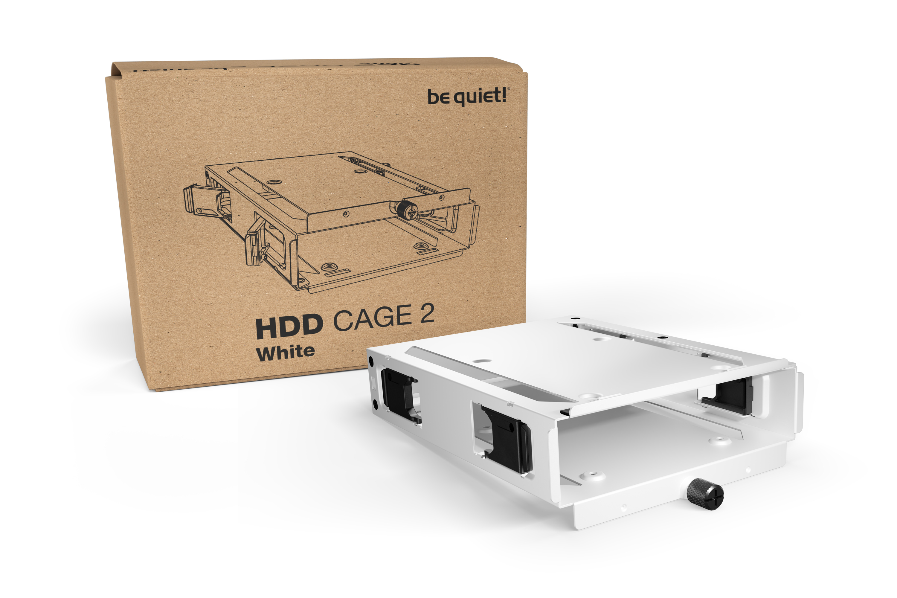 Cage HDD 2 bianca e la sua scatola. La scatola ha un disegno della cage.