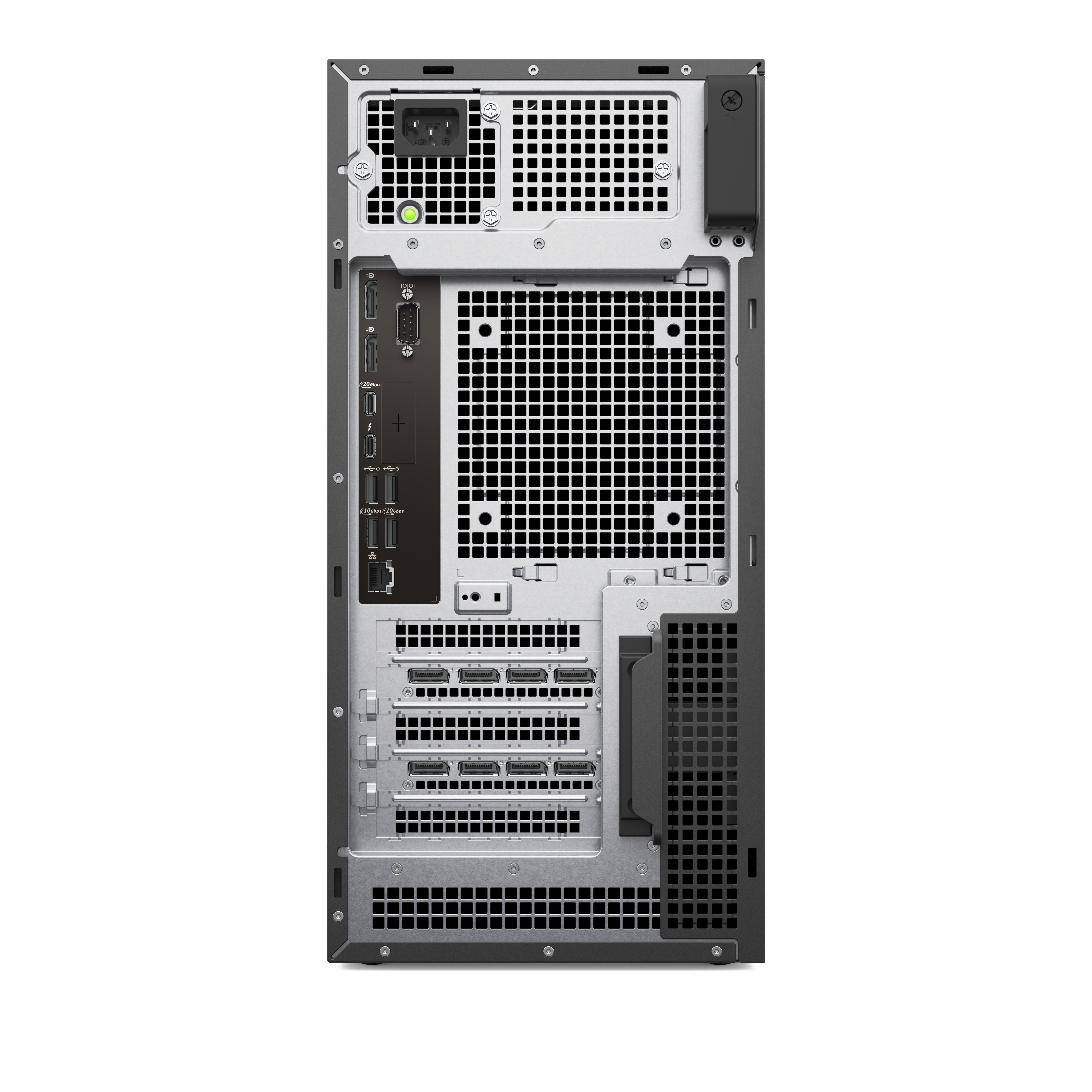 Achterkant van een computerkast met poorten, ventilatieopeningen en connectoren. Zilver en zwart.