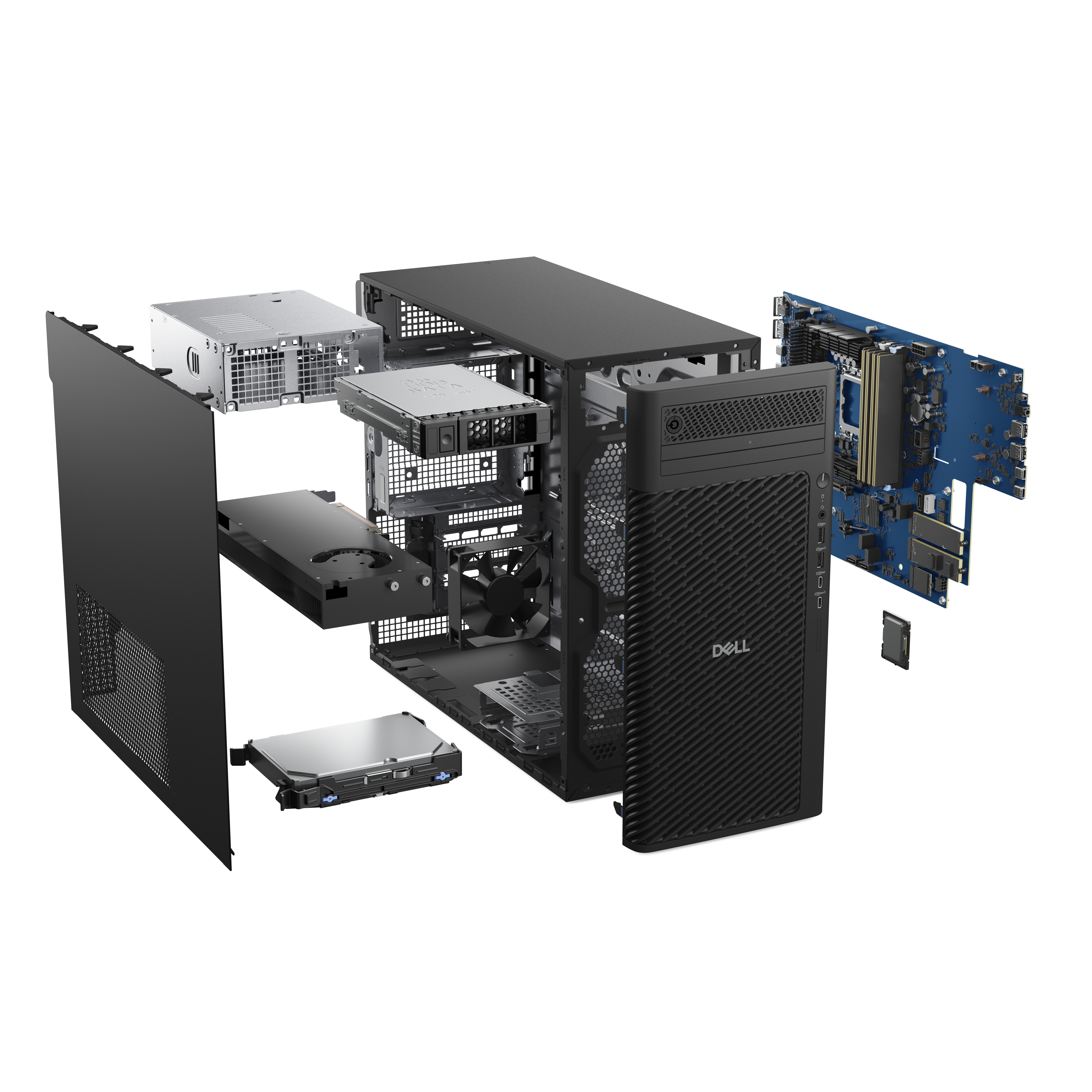 Vista esplosa dei componenti del computer: case nero, alimentatore, scheda madre, disco rigido, ecc.