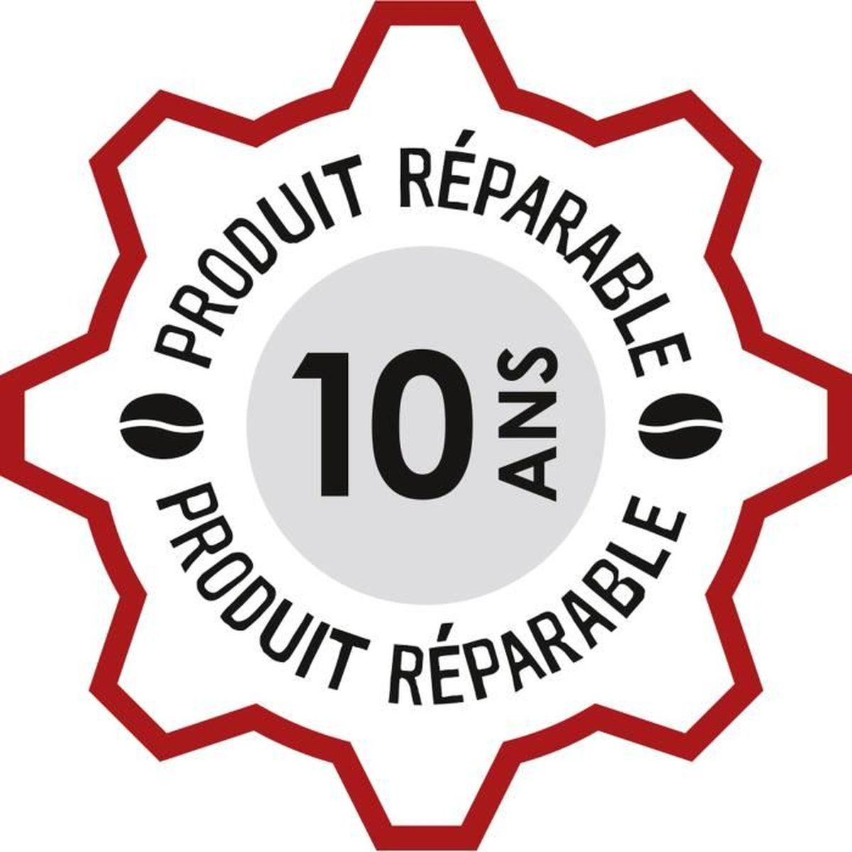 Okrągła odznaka z napisem 'PRODUIT RÉPARABLE 10 ANS' i ikonami ziaren kawy, w kolorze czerwonym i białym.