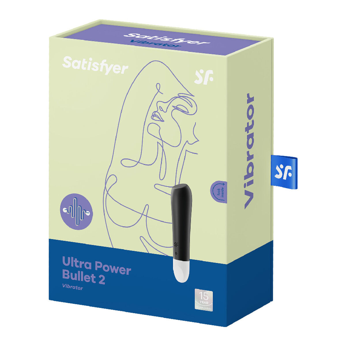 Pudełko z wibratorem Satisfyer. Pokazuje wibrator w środku, z twarzą kobiety na pudełku.