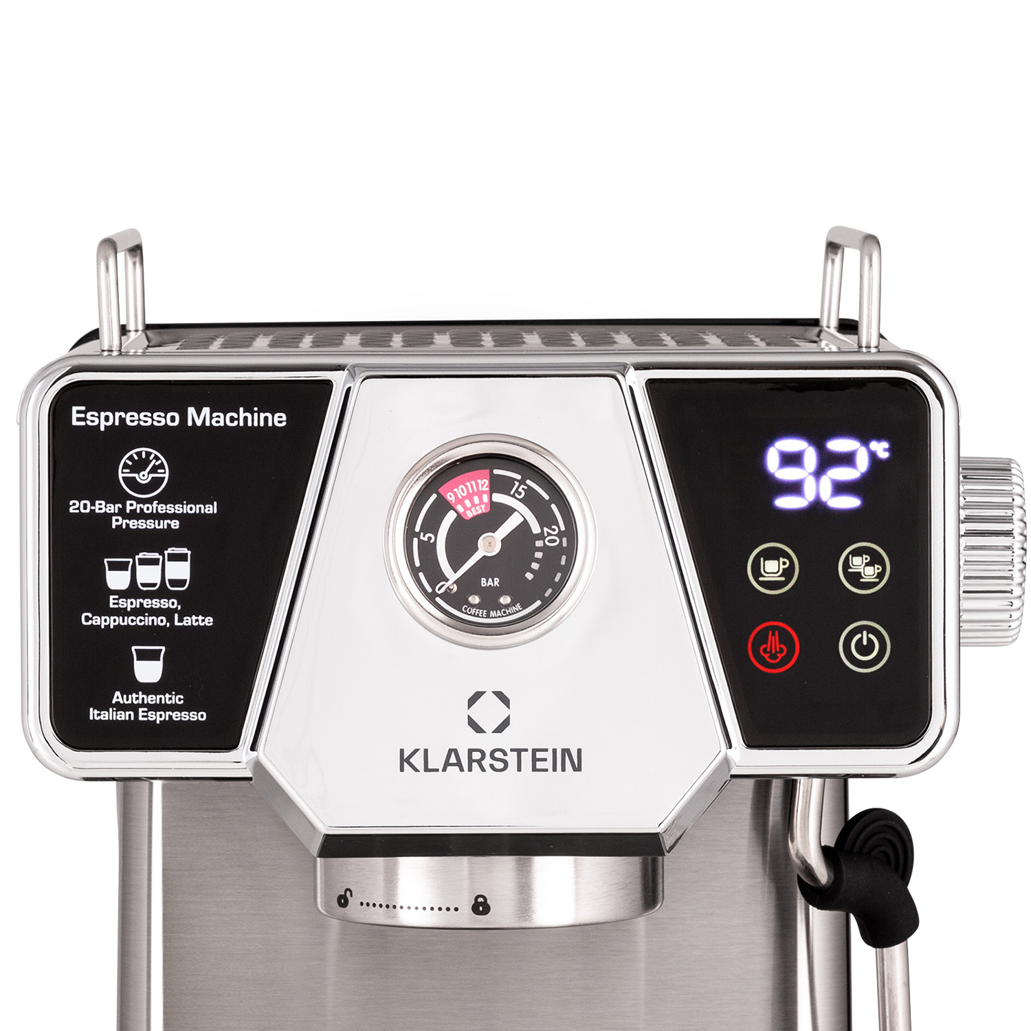 Máquina de espresso plateada con detalles negros, medidor y pantalla digital que muestra 92°C. Incluye botón de encendido y café.
