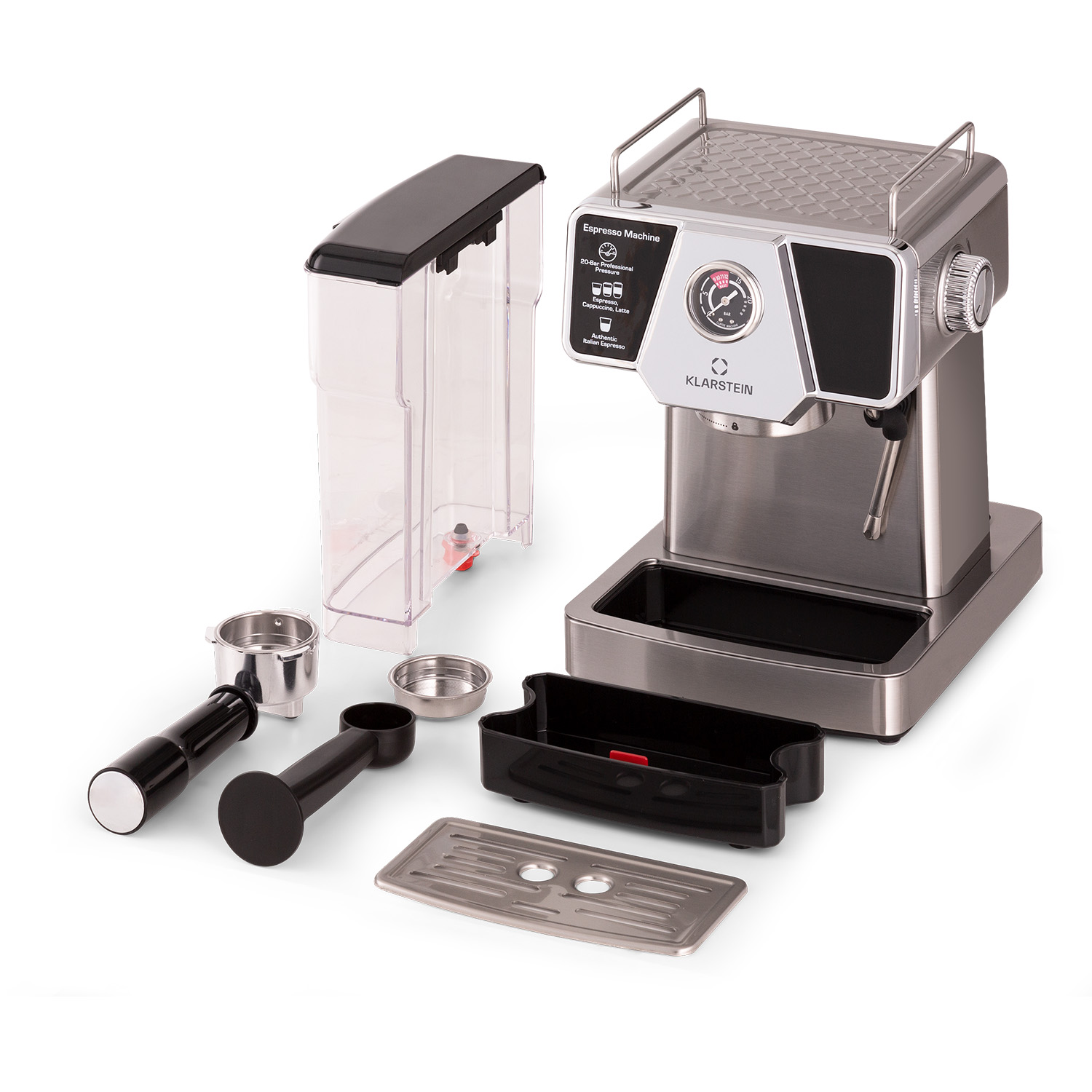 Máquina de espresso plateada con múltiples accesorios. Colores negro y plata. Klarstein escrito.