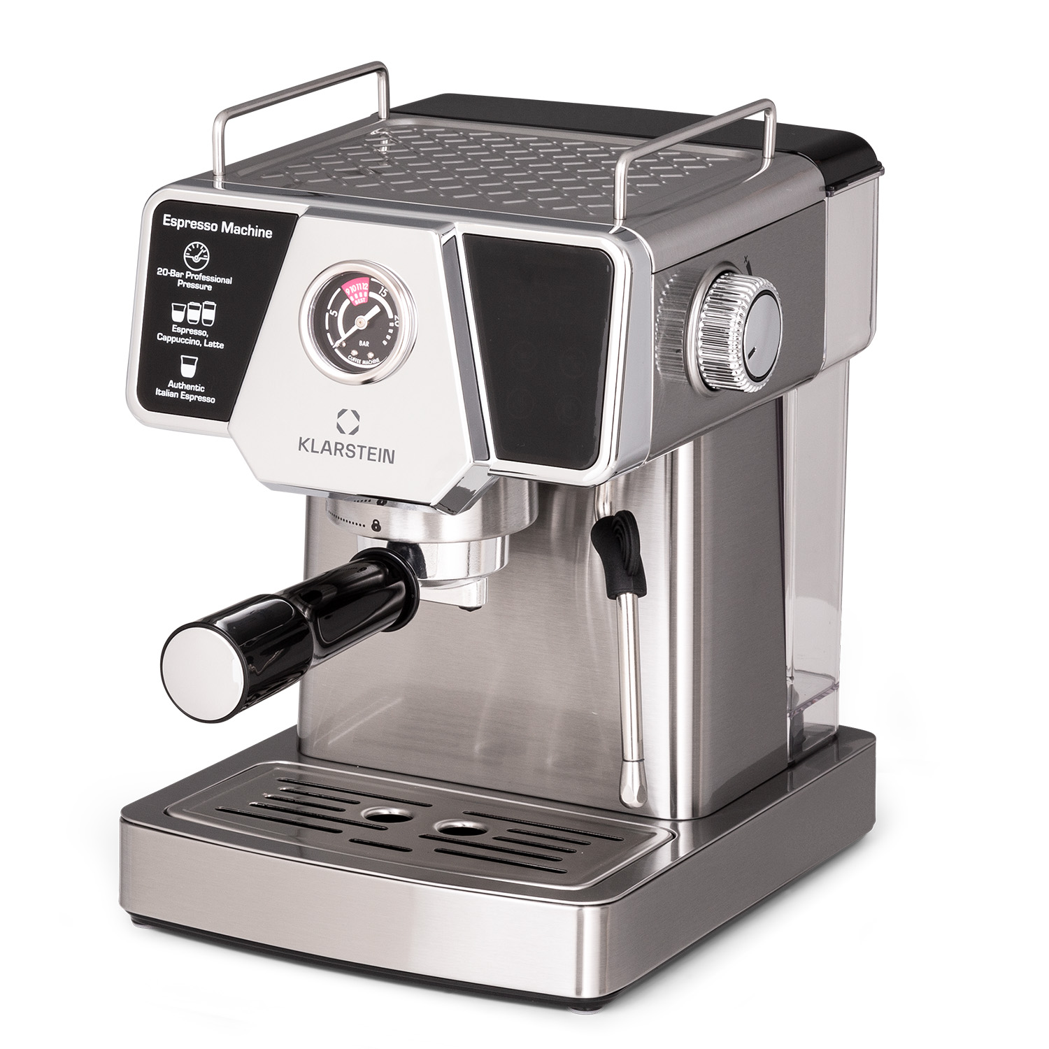 Una máquina de espresso plateada con un asa negra y un medidor. La máquina tiene un panel negro y un tanque de agua.