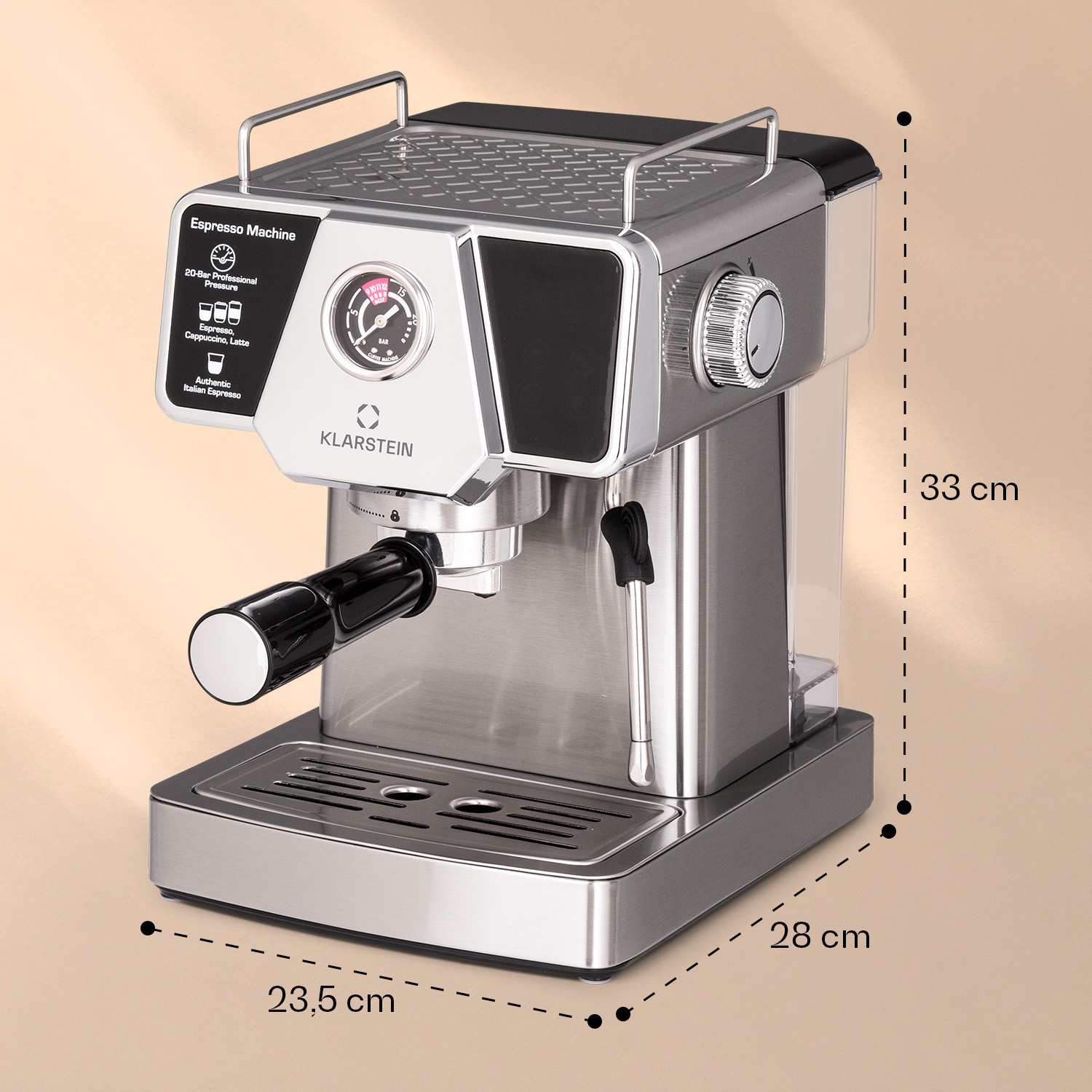 Cafetera espresso plateada con asa negra sobre superficie beige. Dimensiones mostradas.