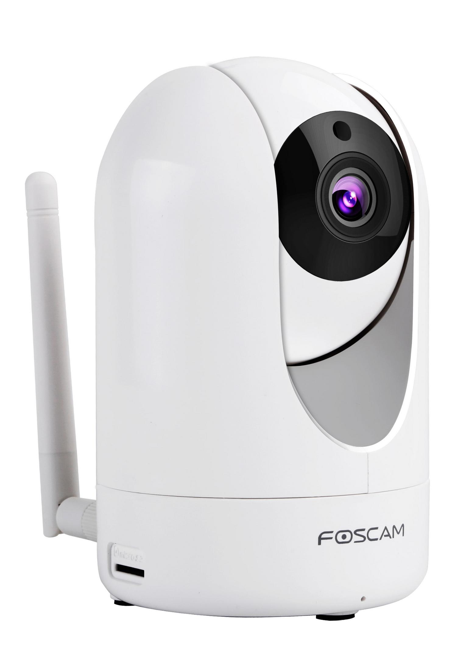 Telecamera di sicurezza Foscam bianca. Ha un obiettivo nero e una piccola antenna.